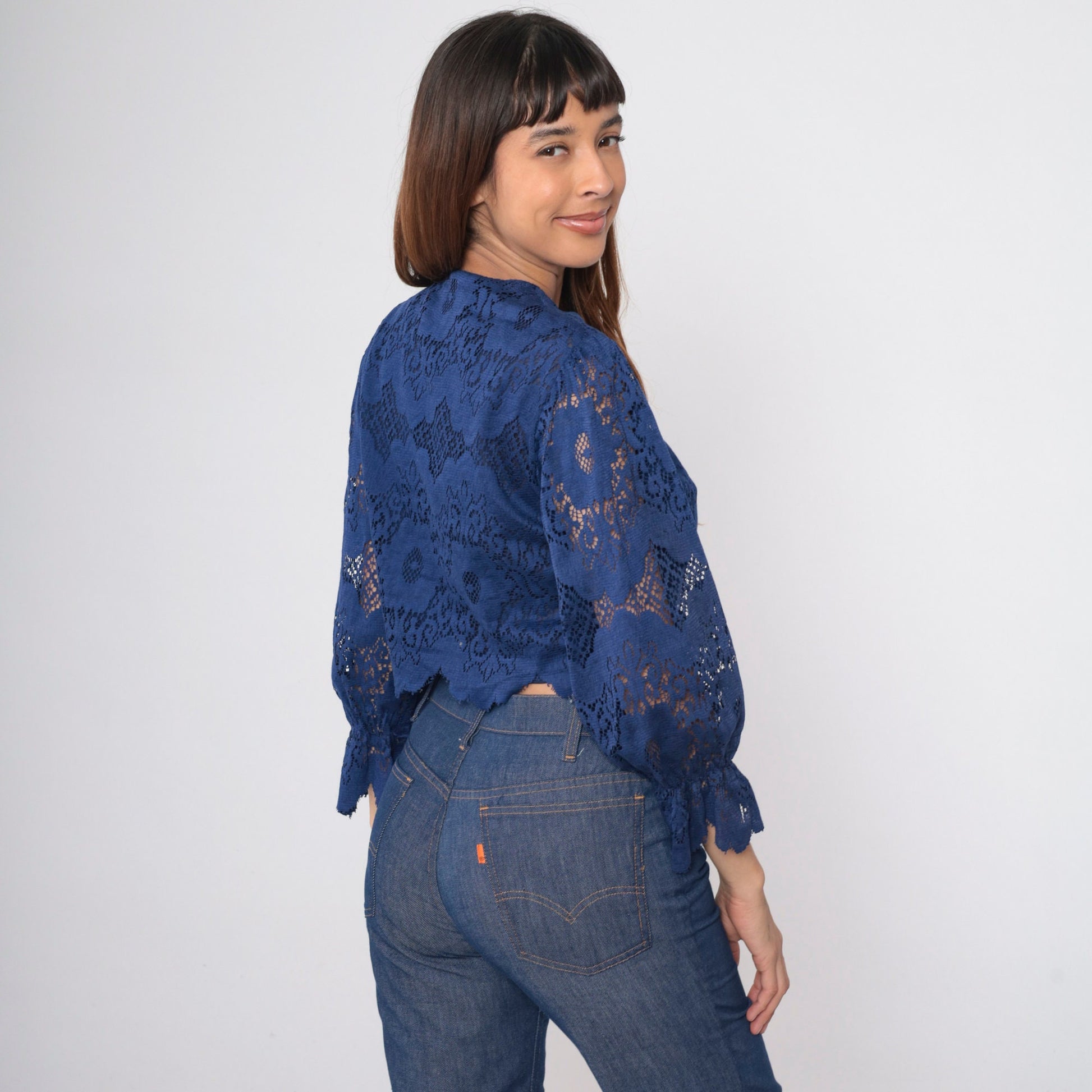 70s Dark Blue Lace Blouse Puff Sleeve Button-Up Crop Top Scalloped Small Medium