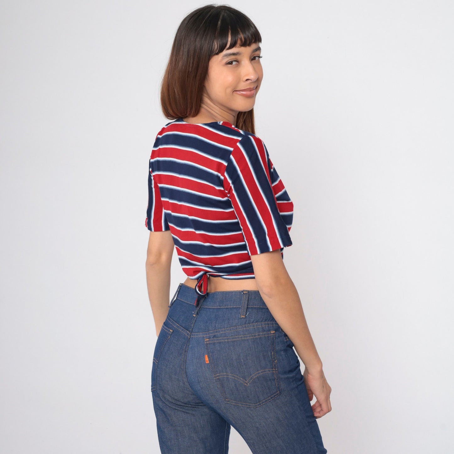 70s Red White Blue Striped Wrap Crop Top Short Sleeve V-Neck Medium Large