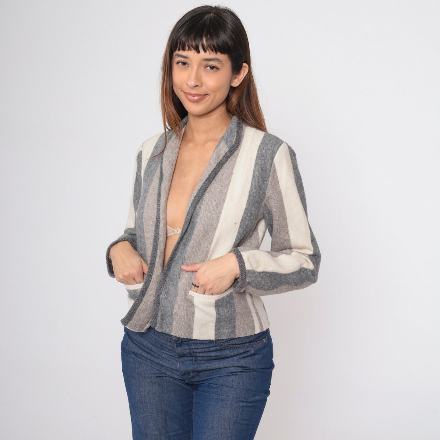 80s Striped Wool Blend Blazer Open Front Jacket Grey Brown Cream Small Medium