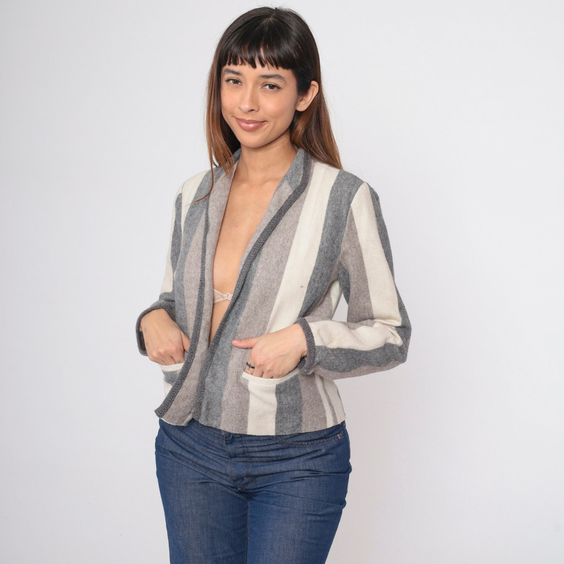 80s Striped Wool Blend Blazer Open Front Jacket Grey Brown Cream Small Medium
