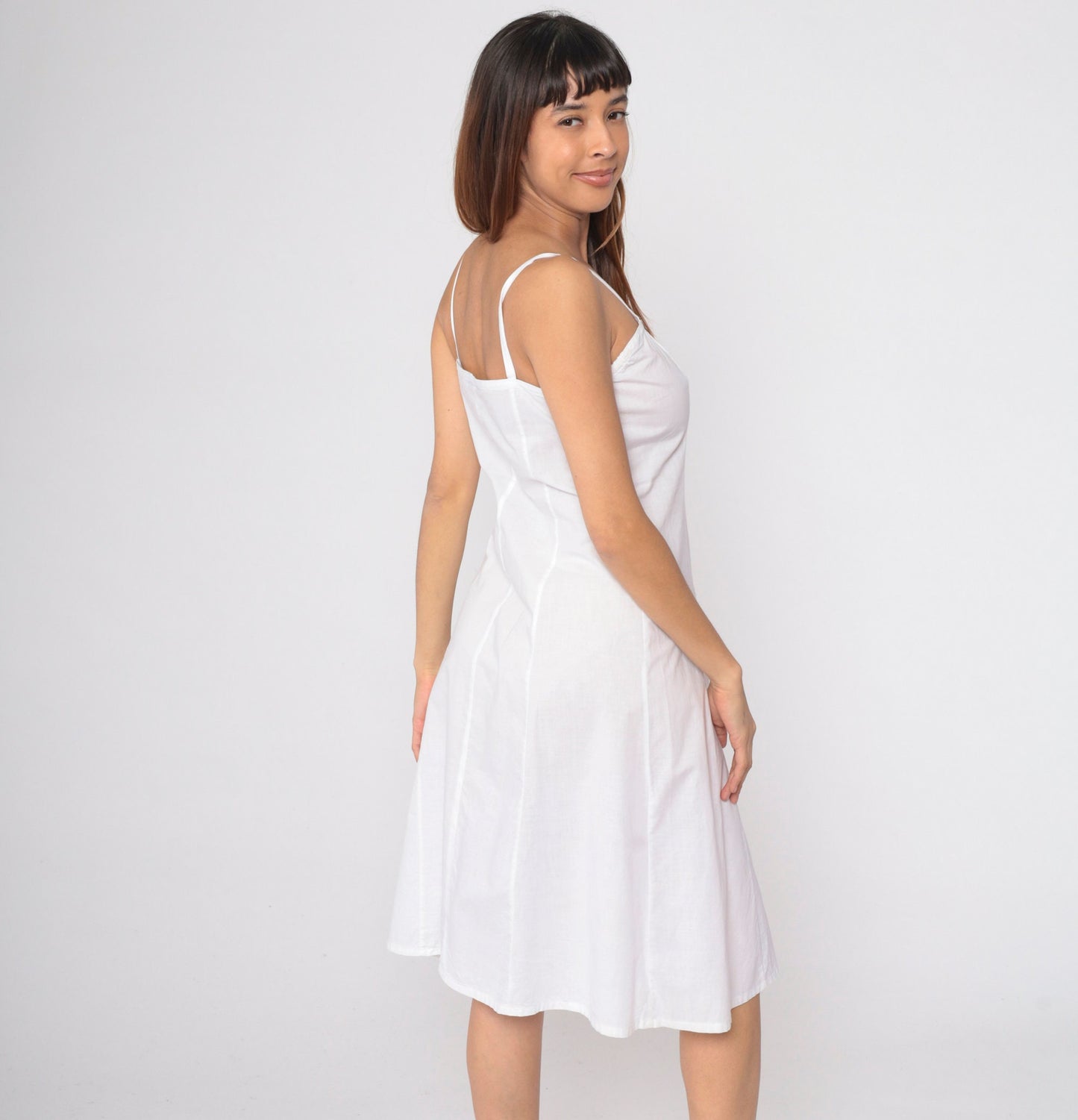 80s White Spaghetti Strap Midi Sundress Princess Seam Small