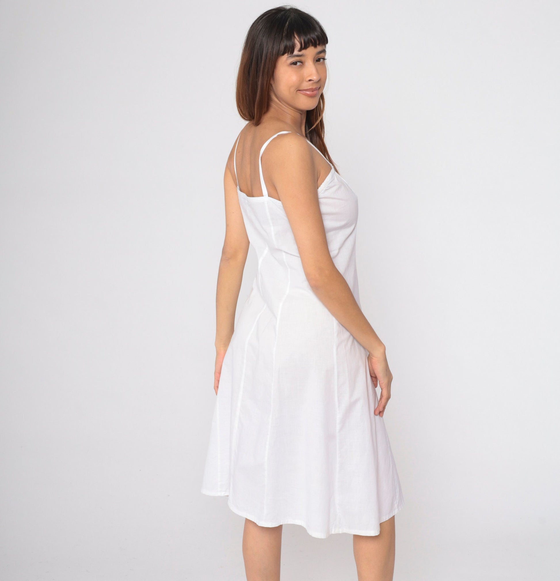 80s White Spaghetti Strap Midi Sundress Princess Seam Small