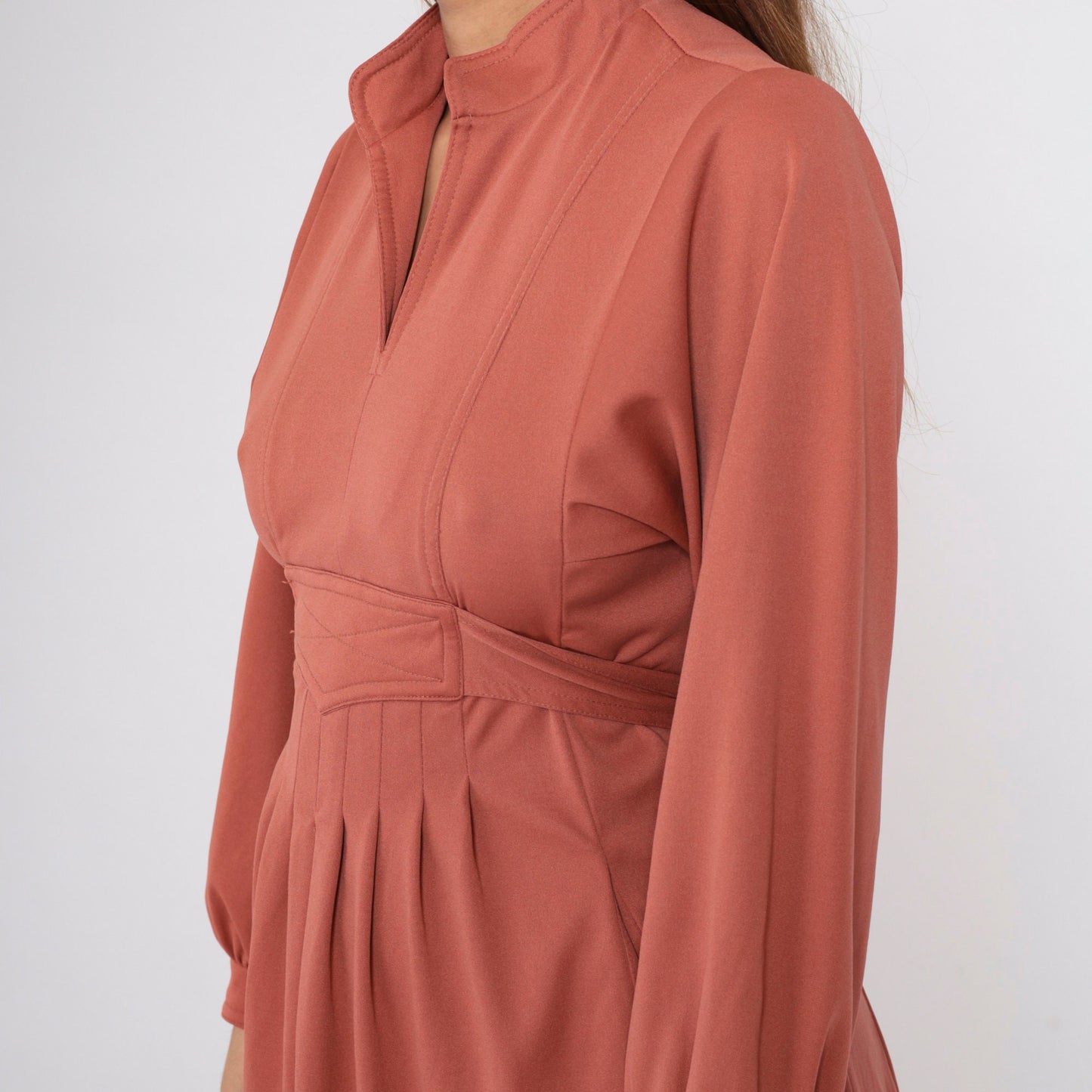 70s Terra Cotta Empire Waist Mini Dress Mandarin Collar Long Sleeve Small