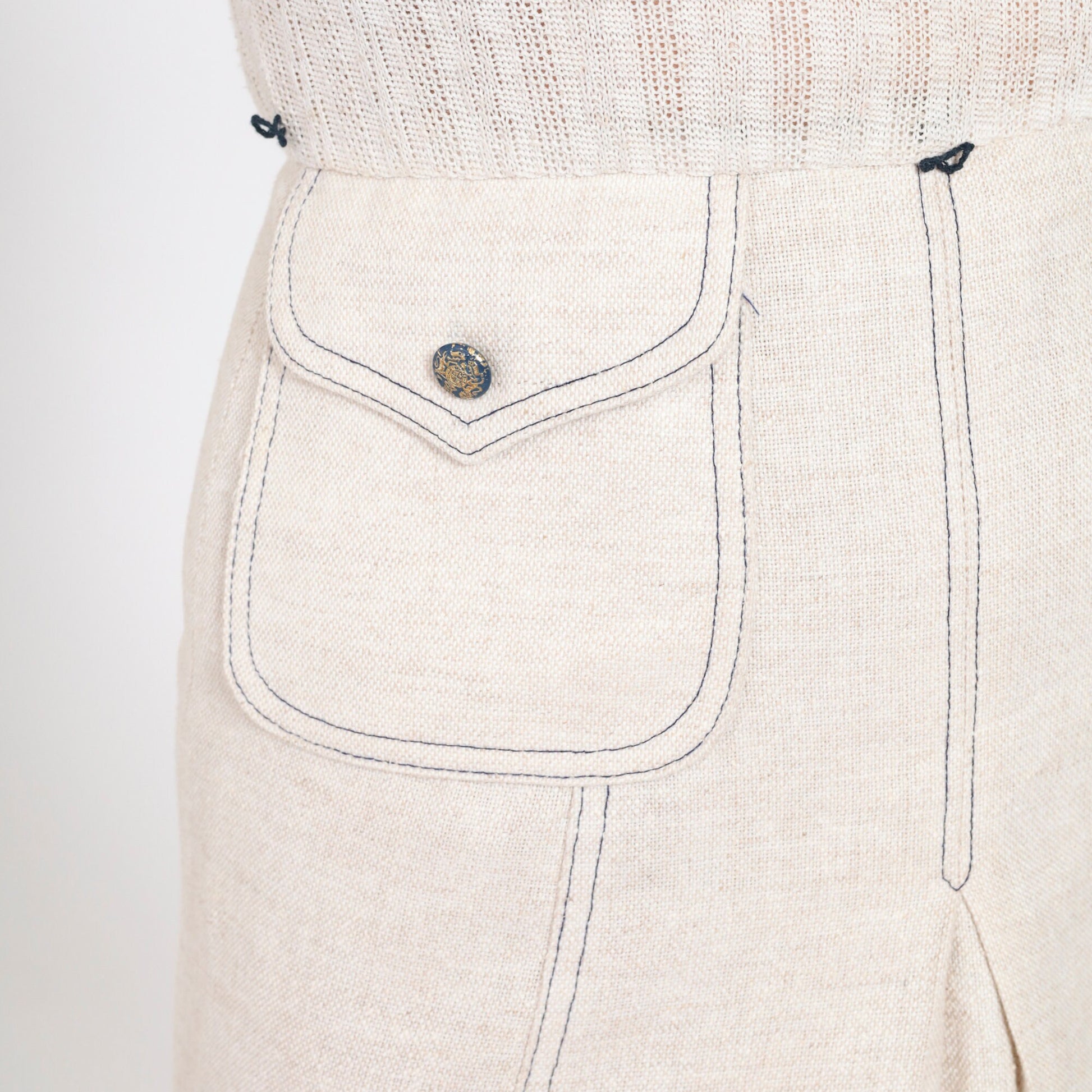 70s Peck & Peak Mini Dress Light Beige Cable Knit High Waist Small