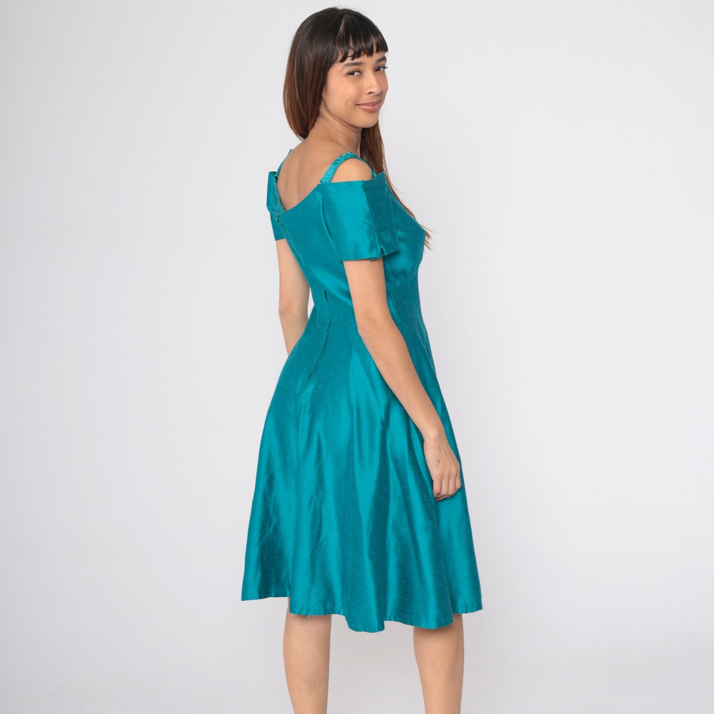 80s Teal Off-Shoulder Midi Dress Rhinestone A-Line Empire Waist Small