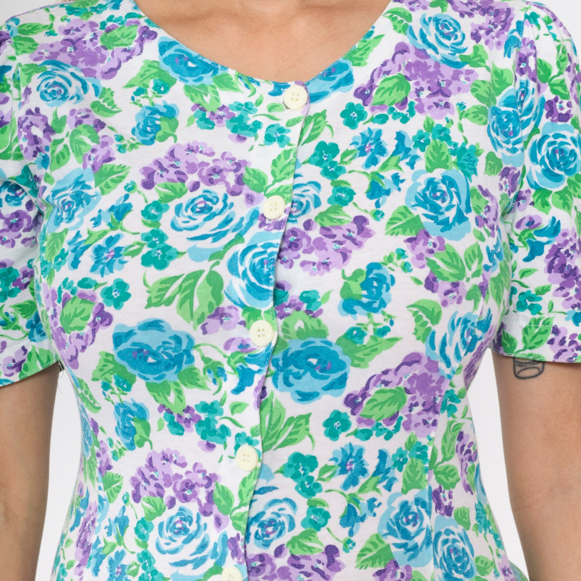 80s Floral Midi Dress Nordstrom Point of View Puff Sleeve Drop Waist Cotton Small