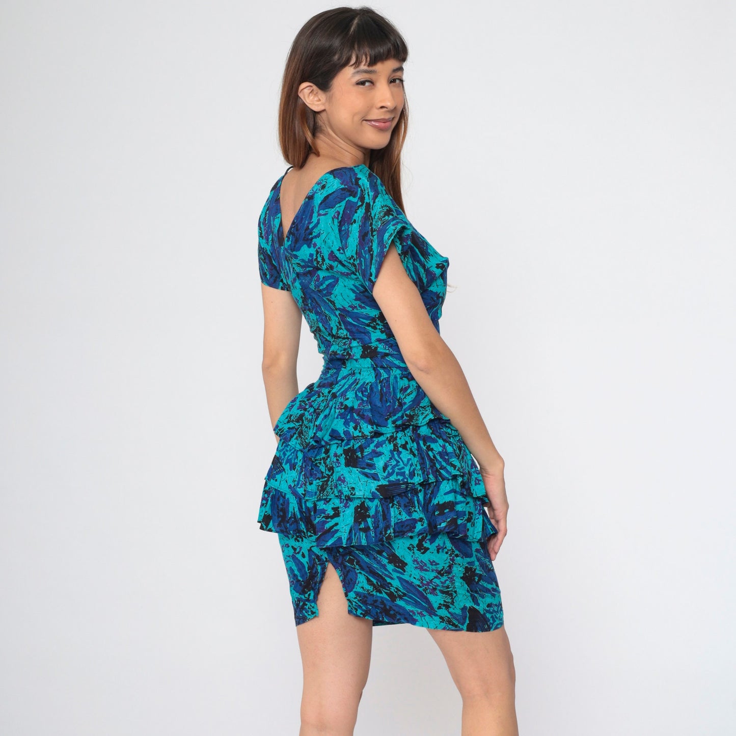 80s Turquoise Abstract Floral Peplum Mini Dress Dolman Sleeve Extra Small
