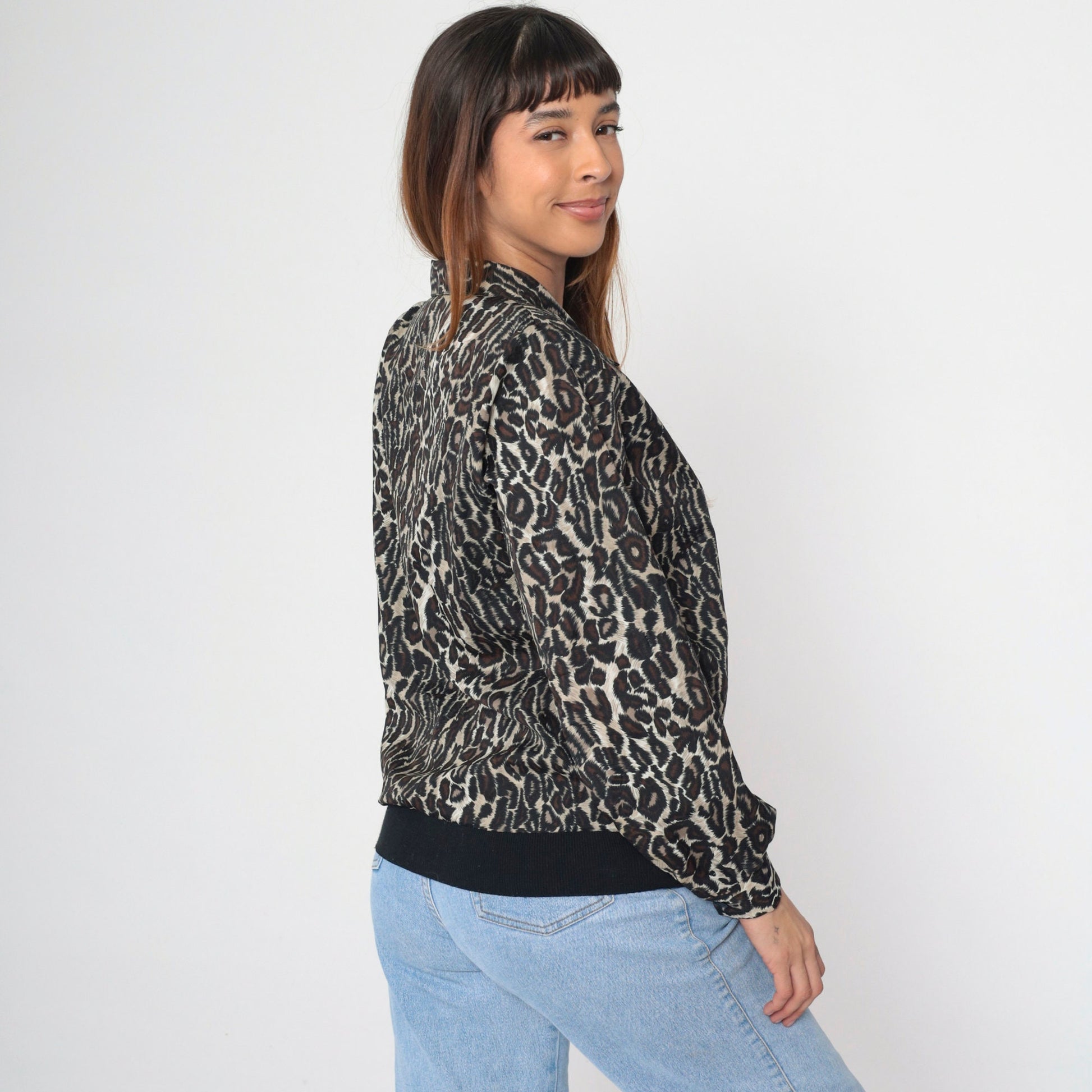 80s Leopard Print Button-Up Blouse Long Sleeve Collared Top Large