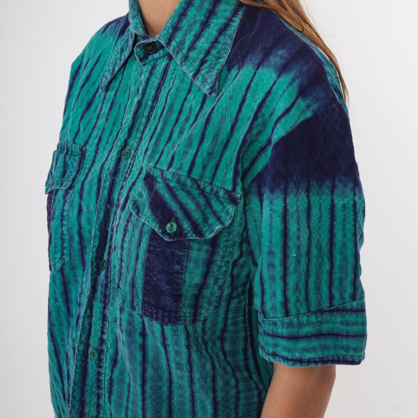 90s Ikat Striped Button-Up Shirt Green Indigo Oxford Short Sleeve Small