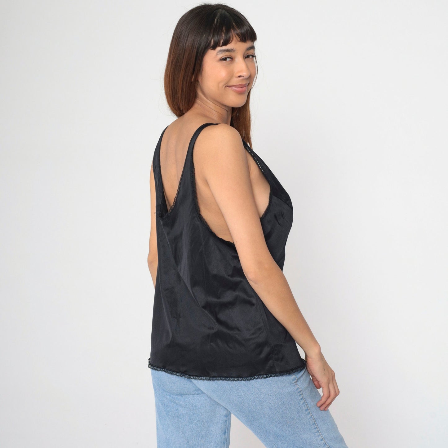 80s Vanity Fair Black Nylon Camisole Lace Trim V-Neck Bow Large