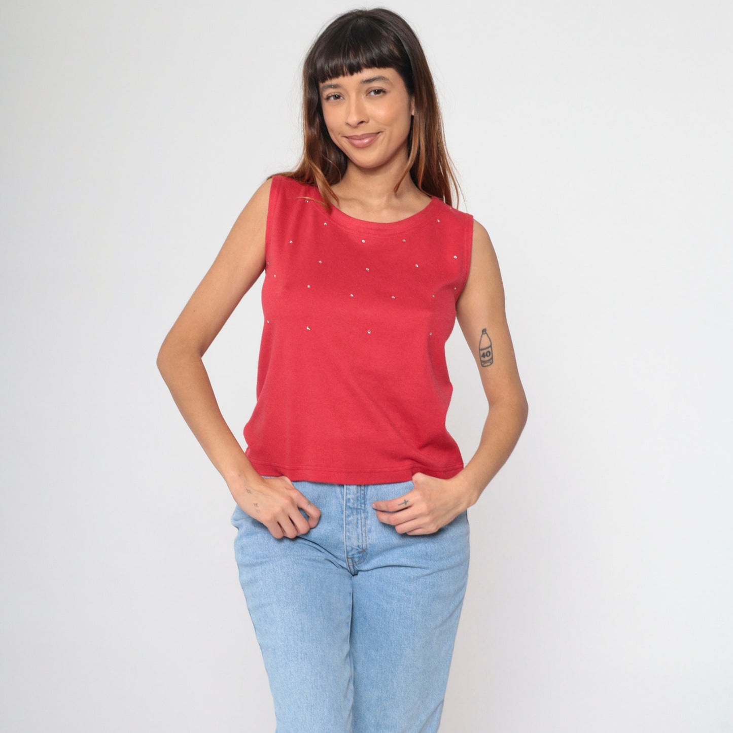 90s Red Rhinestone Tank Top Round Neck Embellished Sleeveless Small Petite