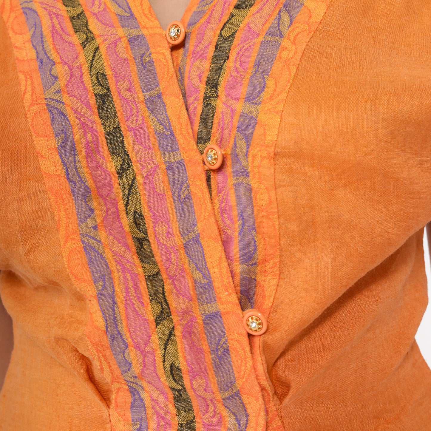 00s Orange Rococo Striped Button-Up Blouse Rhinestone Dolman Sleeve V-Neck Extra Small