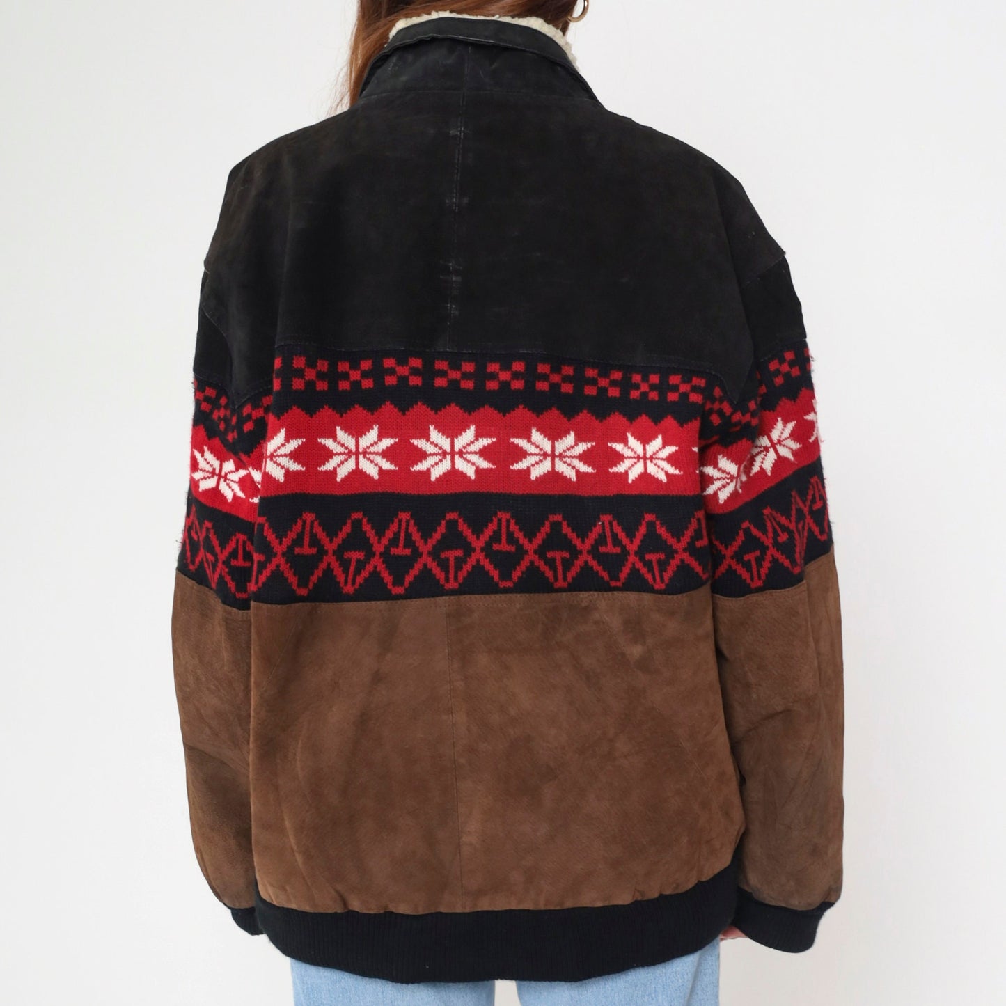 90s Sun & Moon Black Brown Suede Leather Jacket Nordic Snowflake Sherpa Trim Large