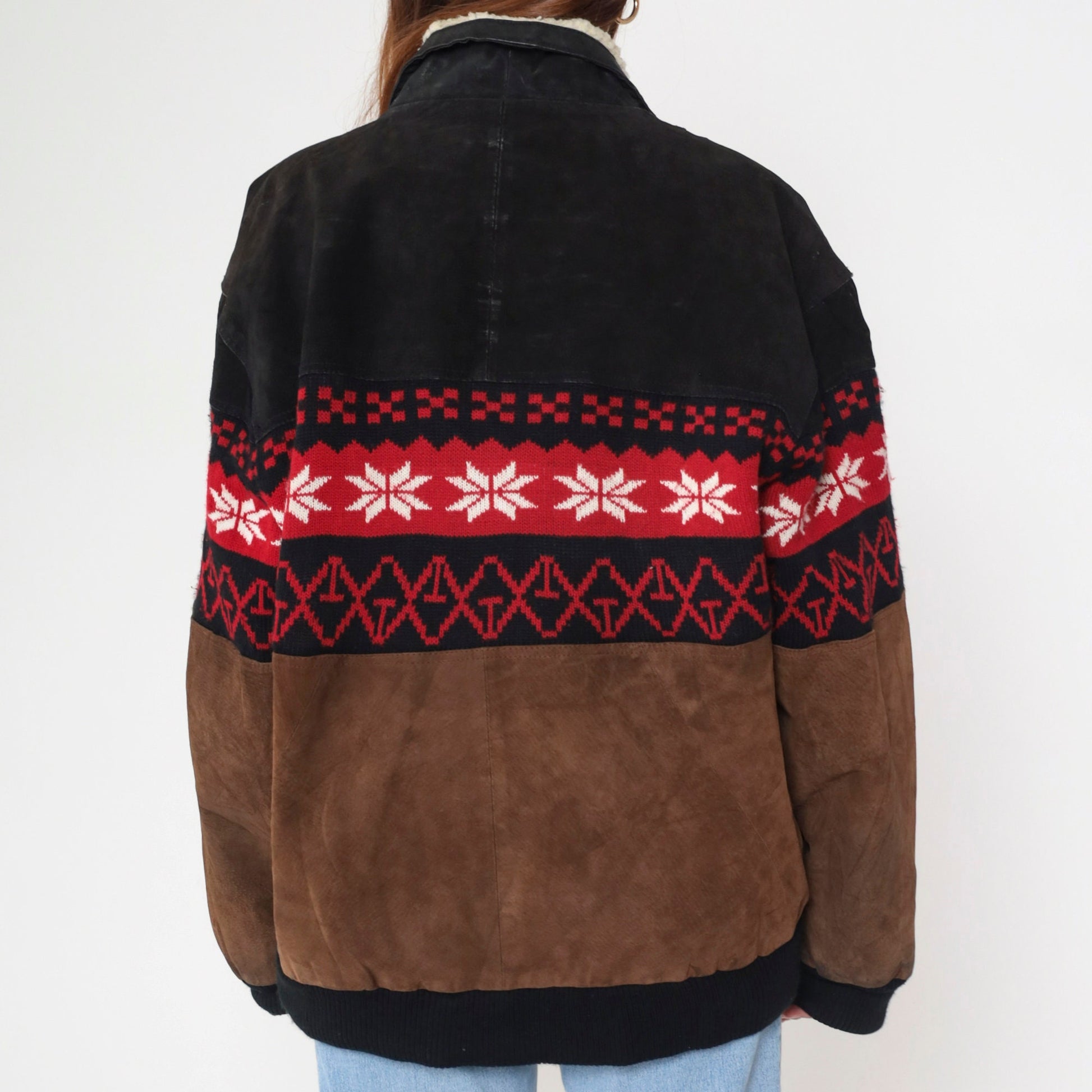 90s Sun & Moon Black Brown Suede Leather Jacket Nordic Snowflake Sherpa Trim Large