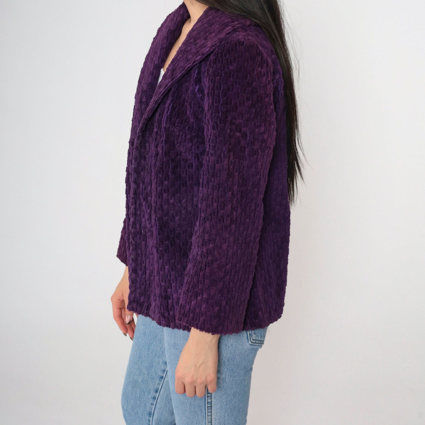 80s Deep Purple Plush Textured Blazer Shawl Collar Open Front Small