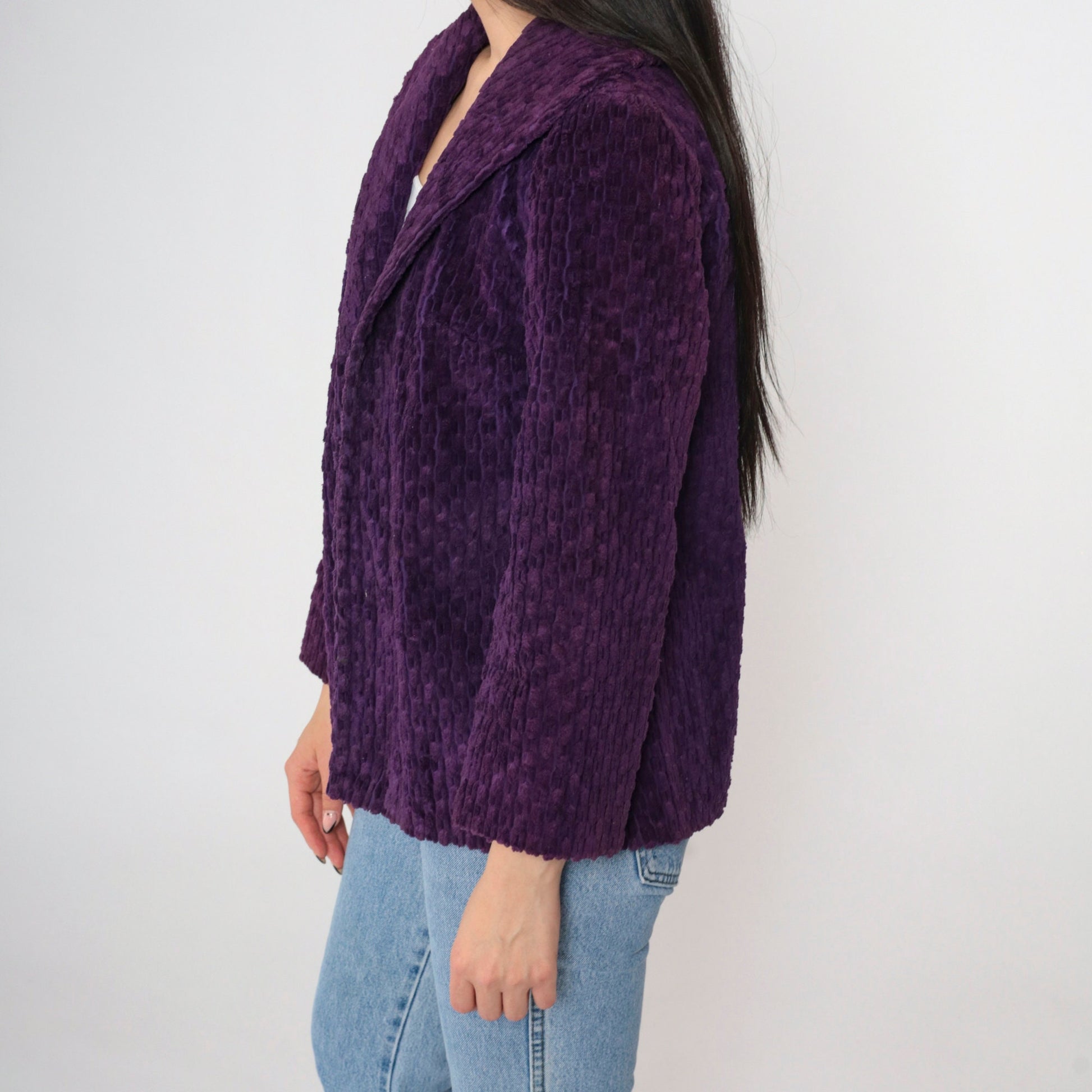 80s Deep Purple Plush Textured Blazer Shawl Collar Open Front Small