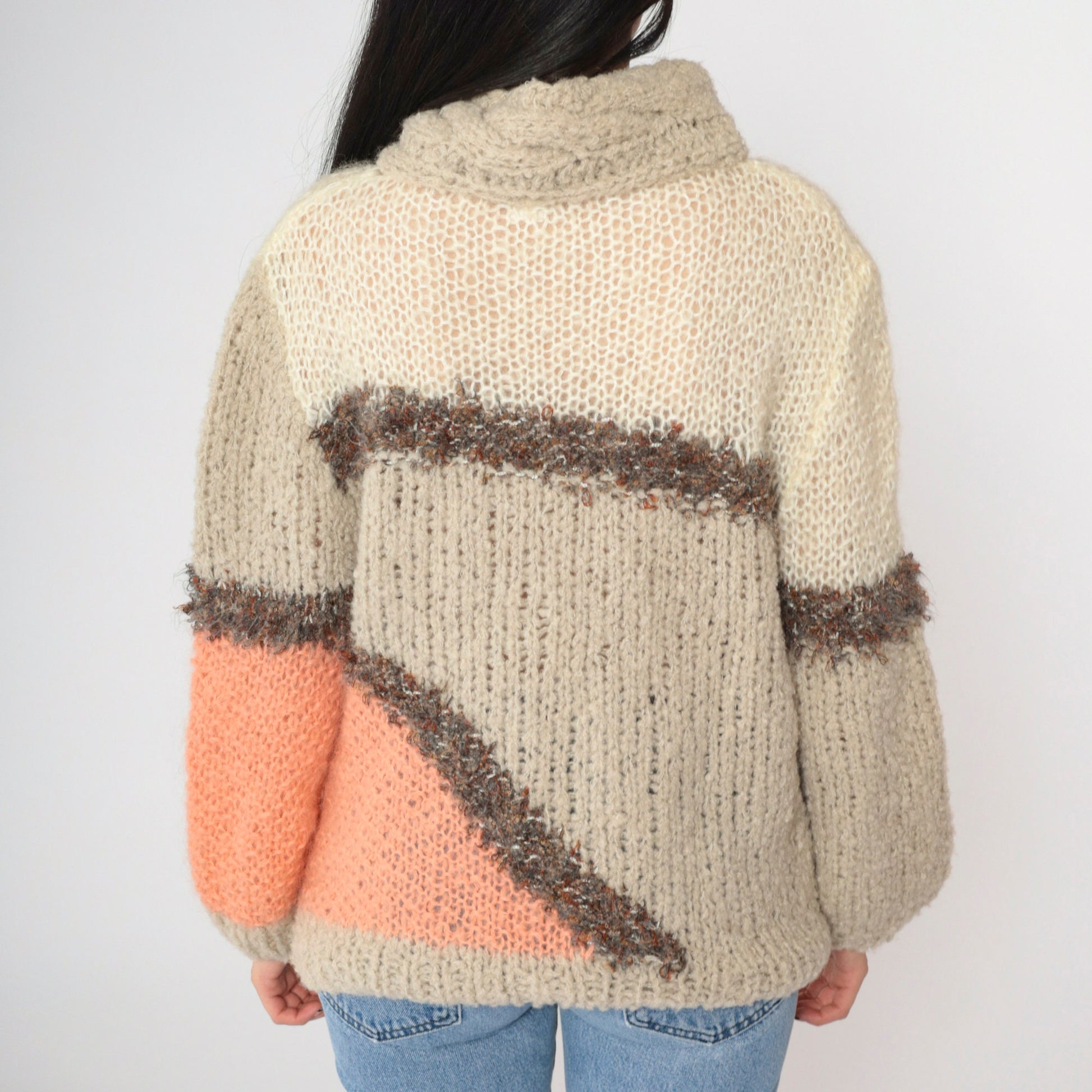 80s Color Block Turtleneck Sweater Beige Openwork Knit Geometric Pullover Small