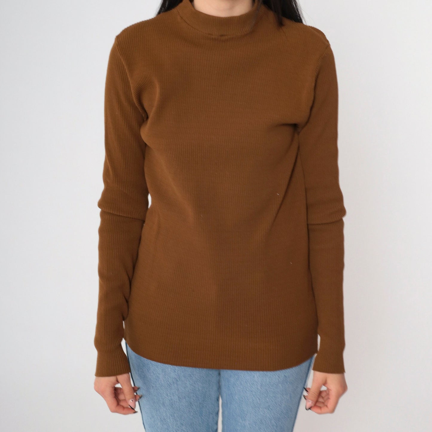 90s Brown Ribbed Knit Mock Neck Long Sleeve Top Small Medium