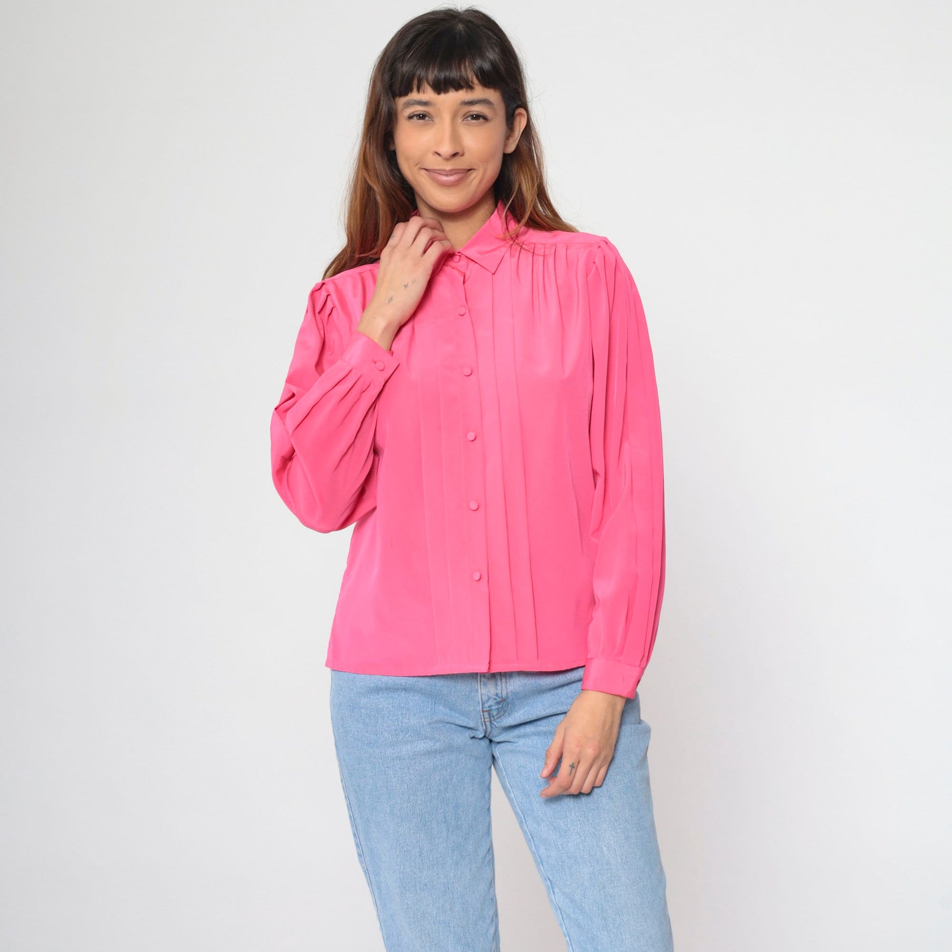 90s Hot Pink Puff Sleeve Blouse Pleated Button-Up Collared Shirt Medium Petite