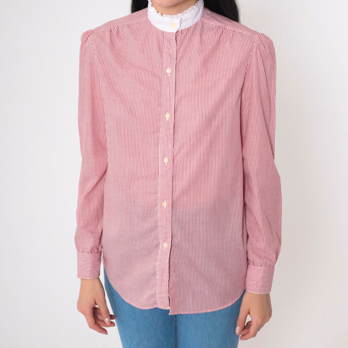 80s The Villager Pinstripe Blouse Puff Sleeve Red White Eyelet Ruffled Neck Small