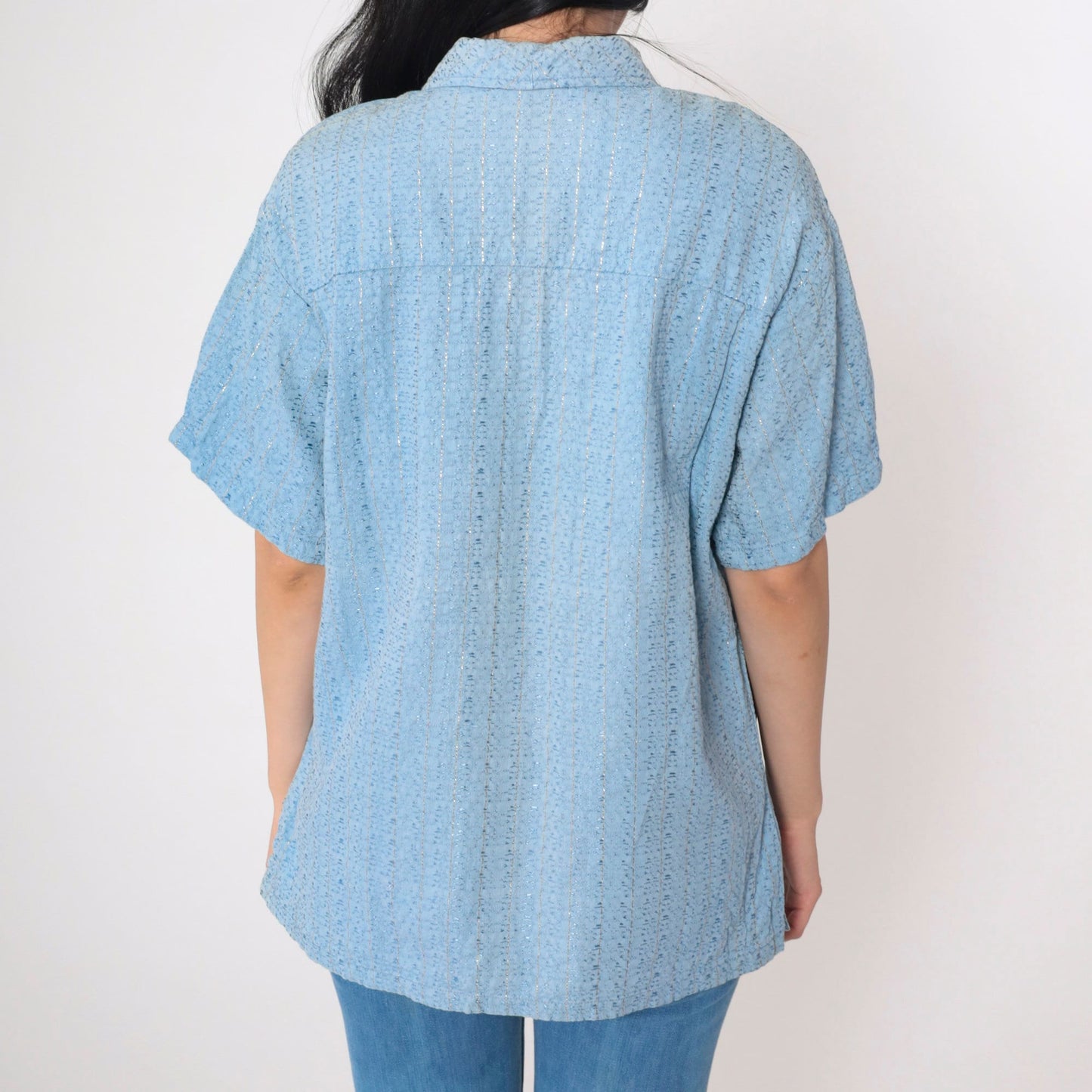 70s Baby Blue Metallic Polo Shirt Short Sleeve Collared Top Large L