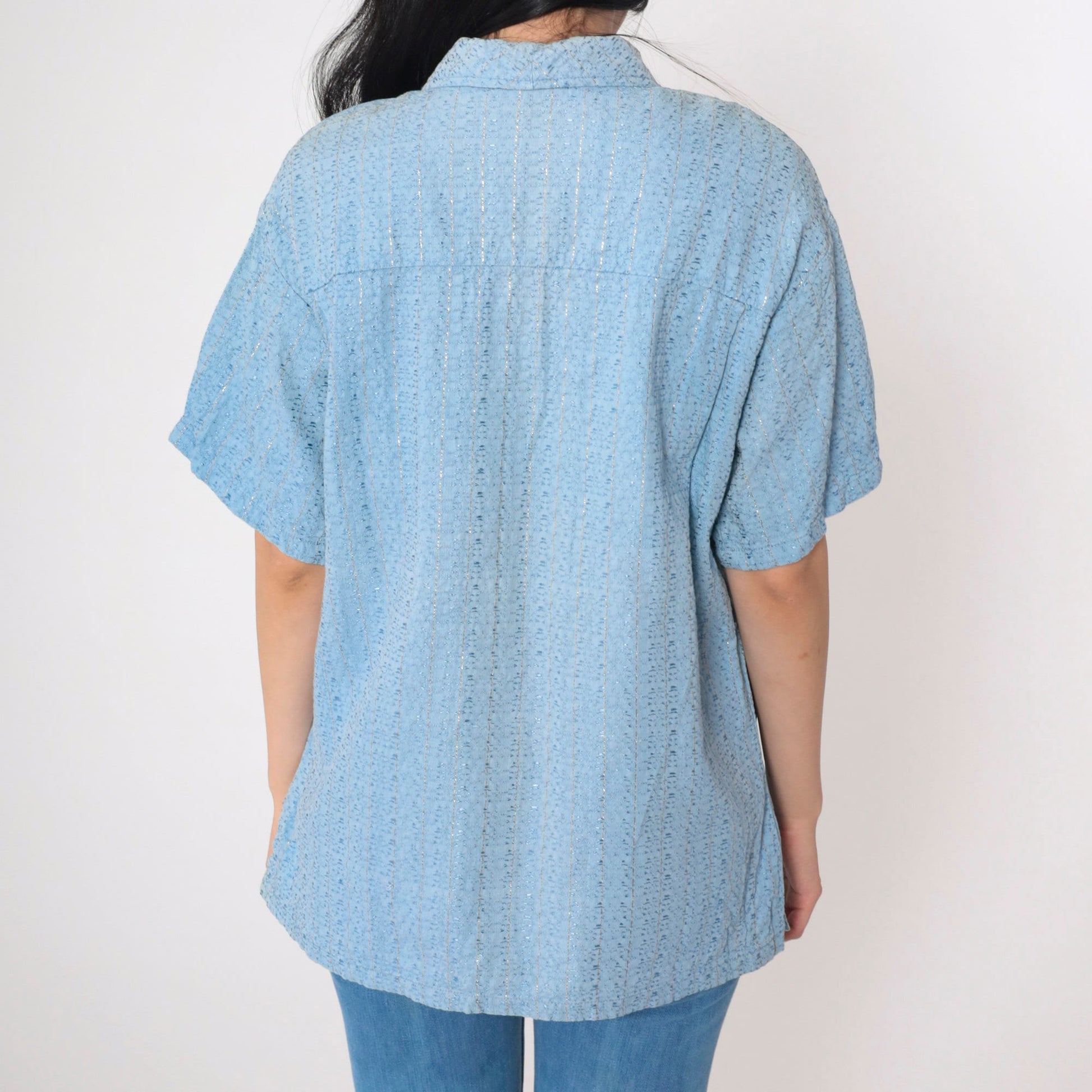 70s Baby Blue Metallic Polo Shirt Short Sleeve Collared Top Large L