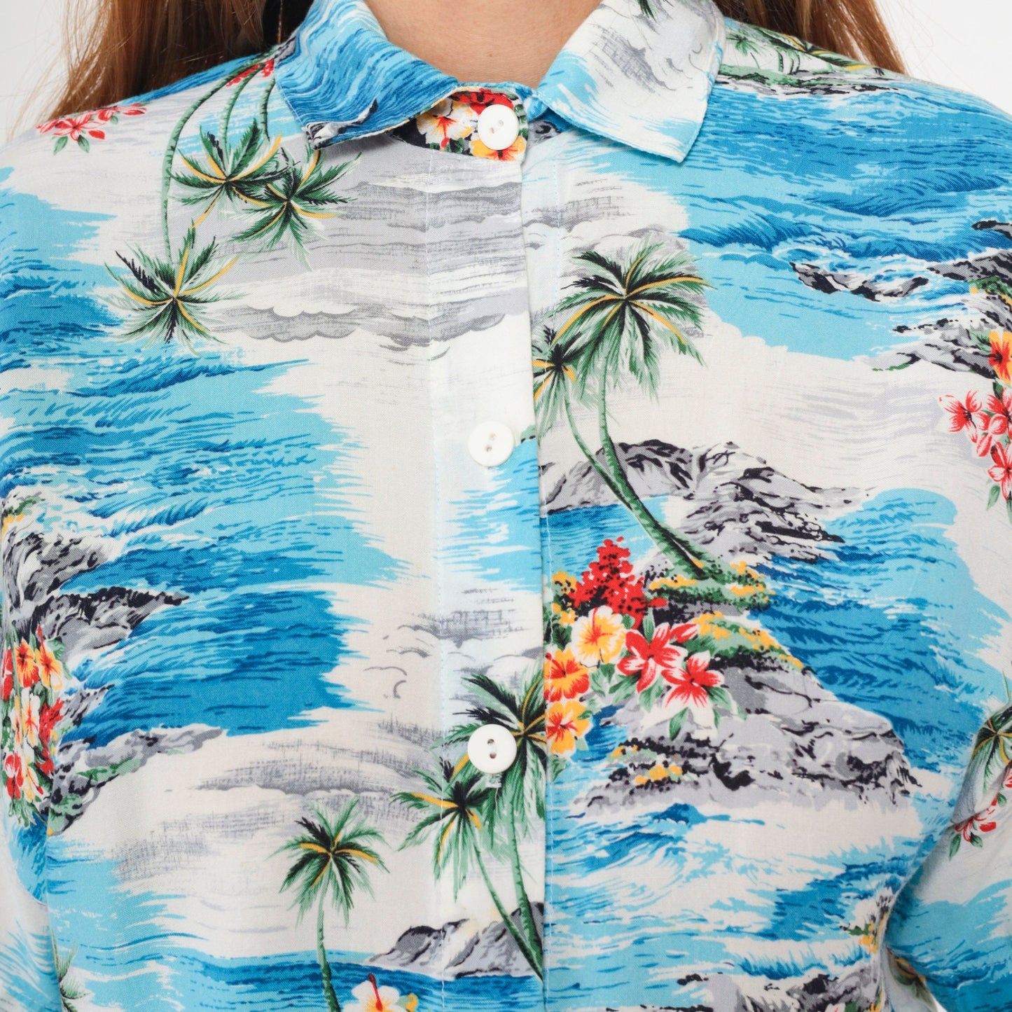 90s Hawaiian Shirt Palm Tree Tropical Print Blue Grey Button Up Medium