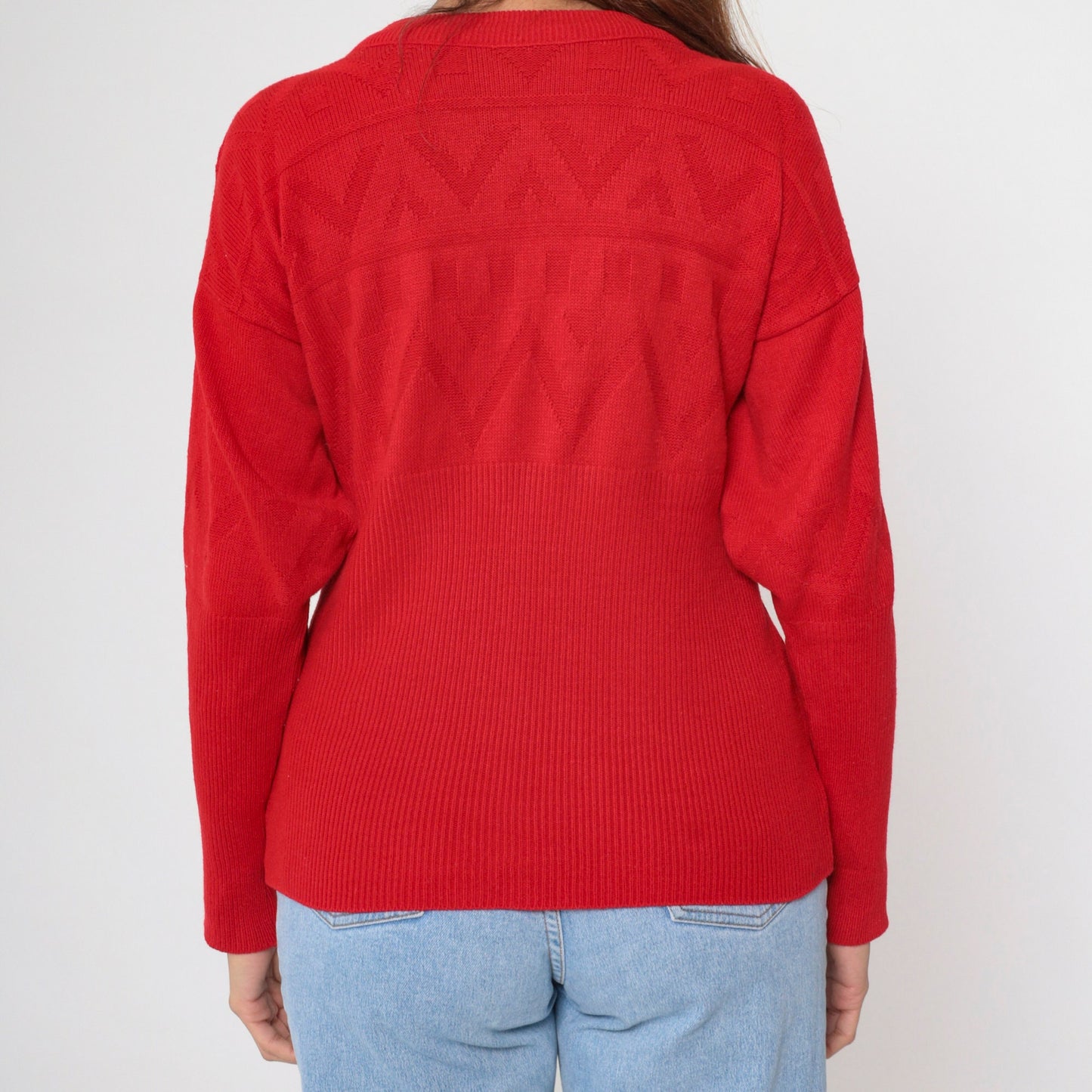 80s Red Textured Knit Sweater Zig Zag Geometric Ribbed Waist Small Medium