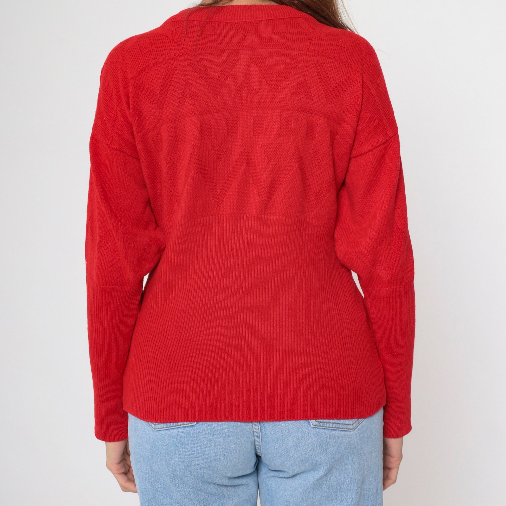 80s Red Textured Knit Sweater Zig Zag Geometric Ribbed Waist Small Medium