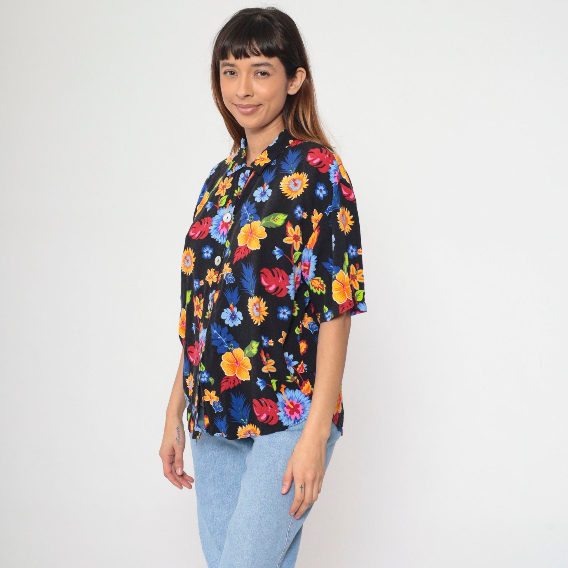 90s Tropical Floral Black Button Up Blouse Short Sleeve Extra Large XXL
