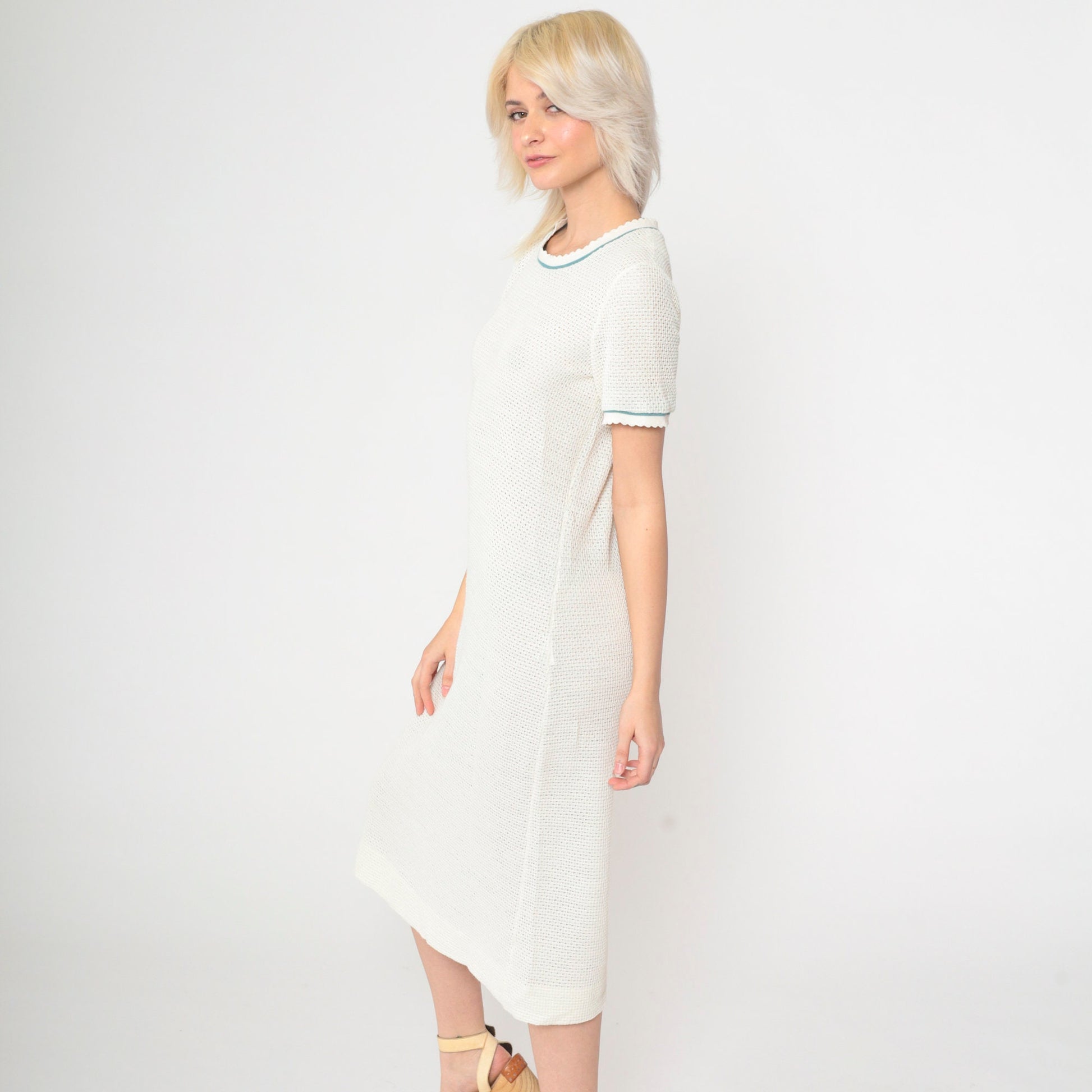 70s White Openwork Knit Midi Dress & Cardigan Set Teal Trim Small