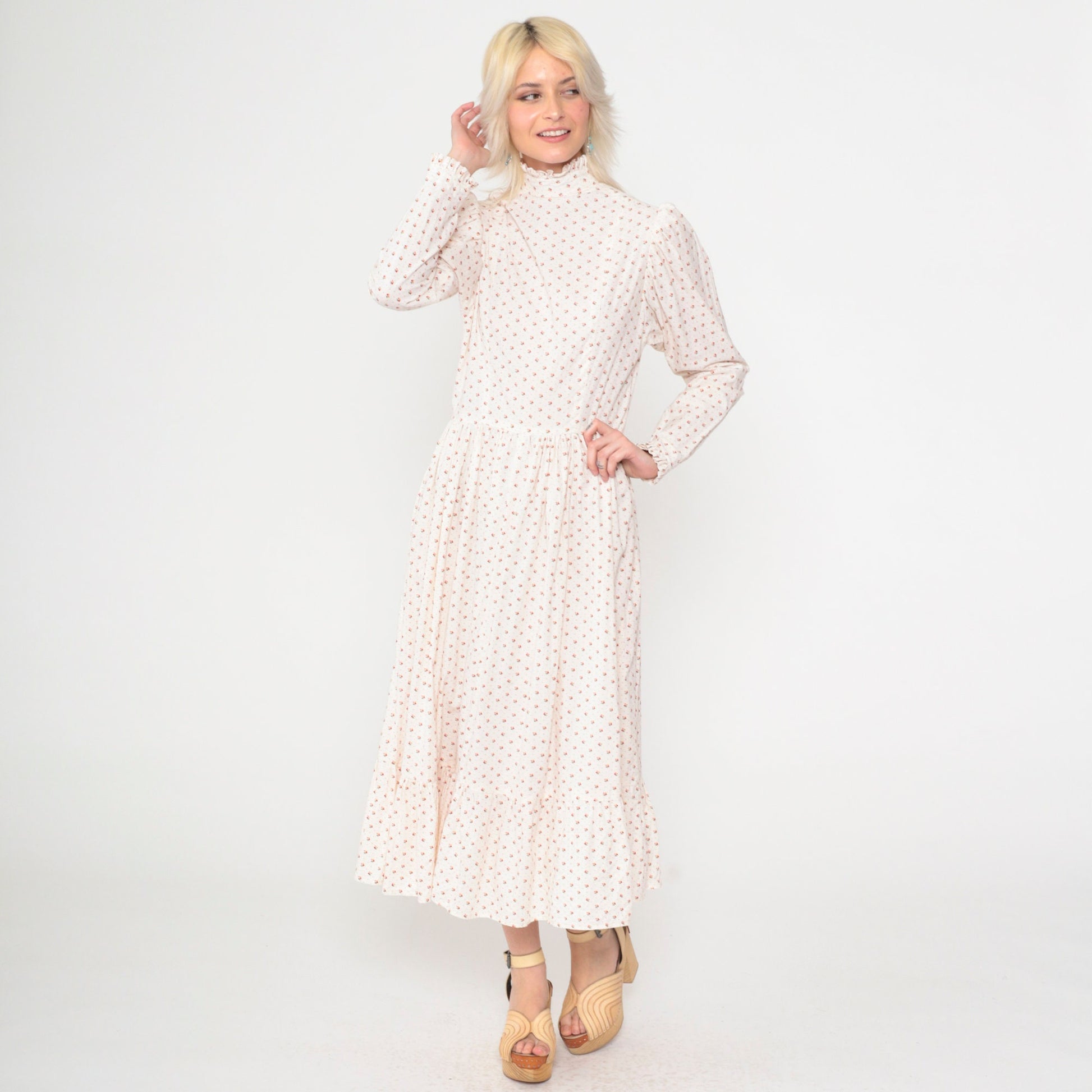 70s White Calico Floral Midi Dress Puff Sleeve High Neck Ruffled Small