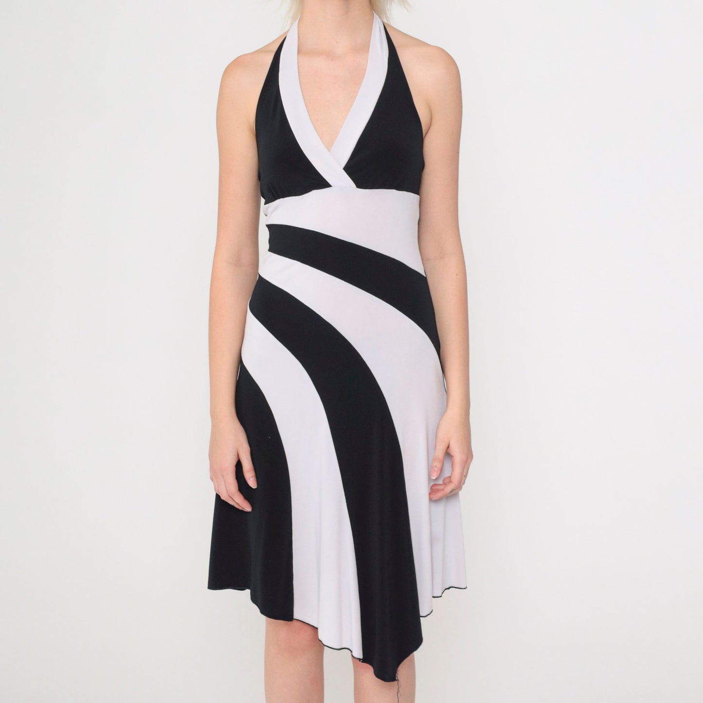 00s Black White Striped Halter Midi Dress Hanky Hem Sleeveless Small