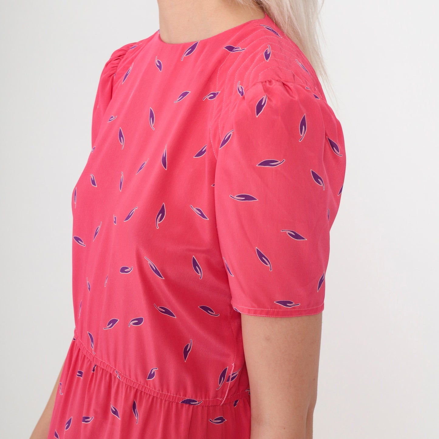 80s Leaf Print Midi Dress Bright Pink Puff Sleeve High Waist Button Back Extra Small