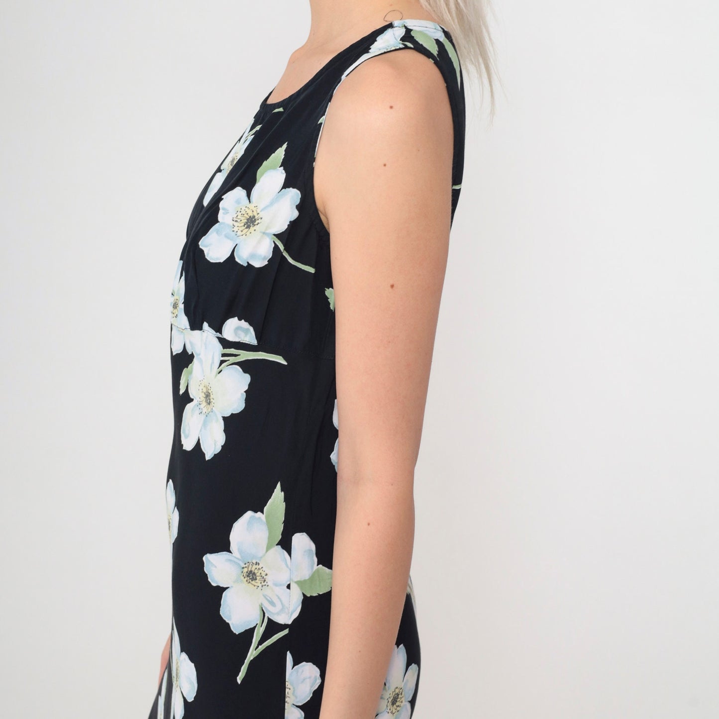 90s All That Jazz Black Floral Maxi Dress Empire Waist Scoop Neck Small