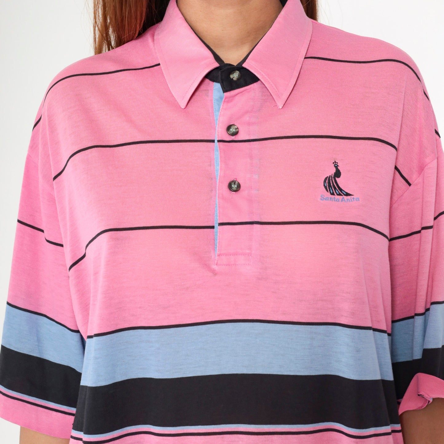 80s Santa Anita Park Peacock Polo Shirt Pink Striped Button Up Extra Large XL