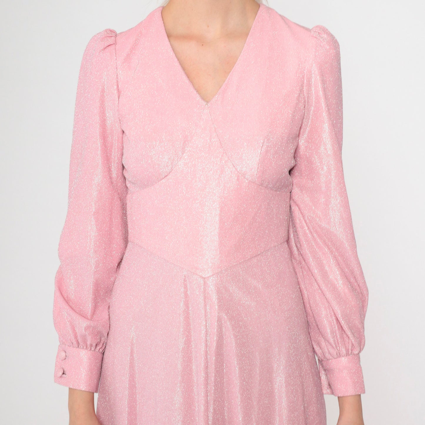 70s Metallic Baby Pink Maxi Dress Puff Sleeve V-Neck High Waist Extra Small