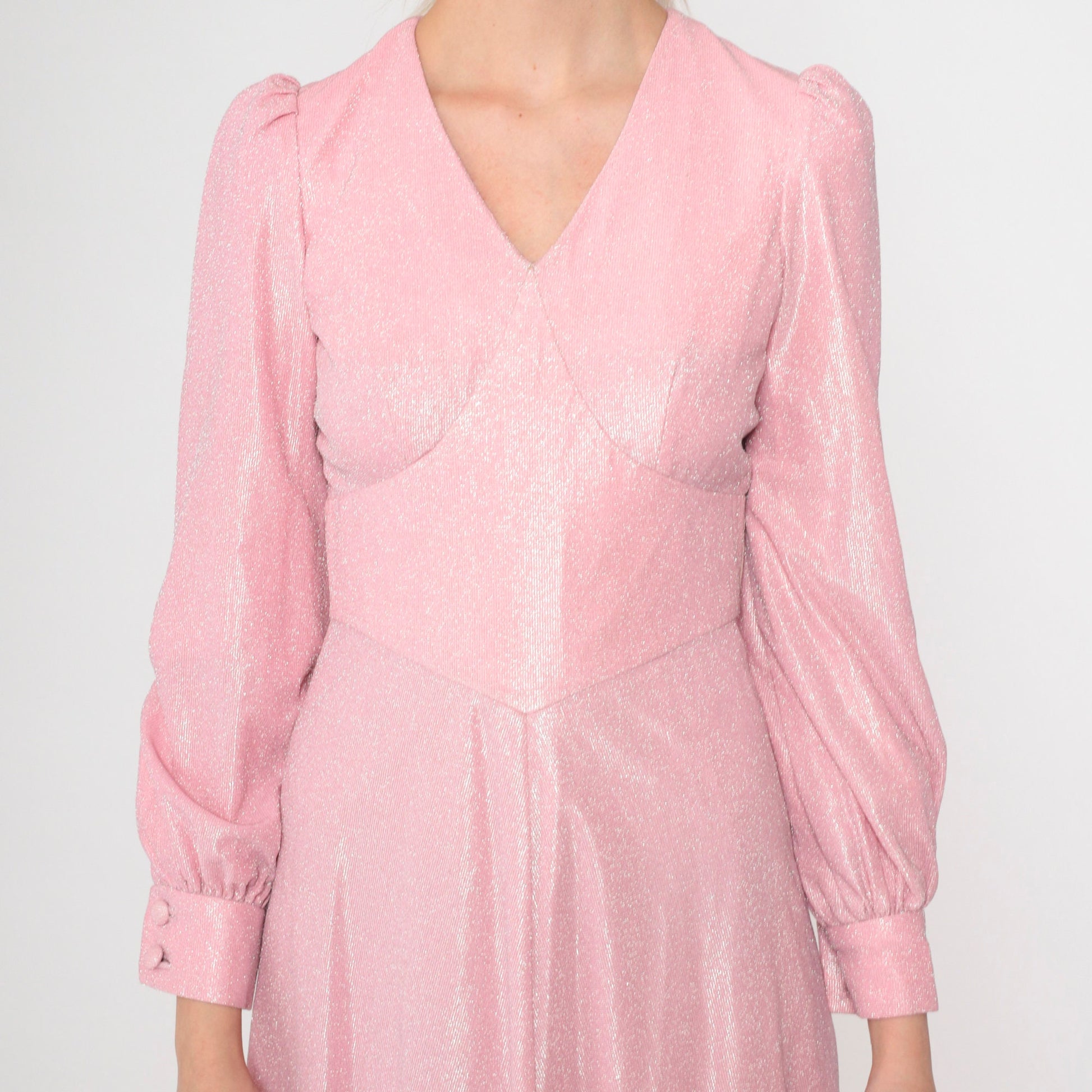 70s Metallic Baby Pink Maxi Dress Puff Sleeve V-Neck High Waist Extra Small