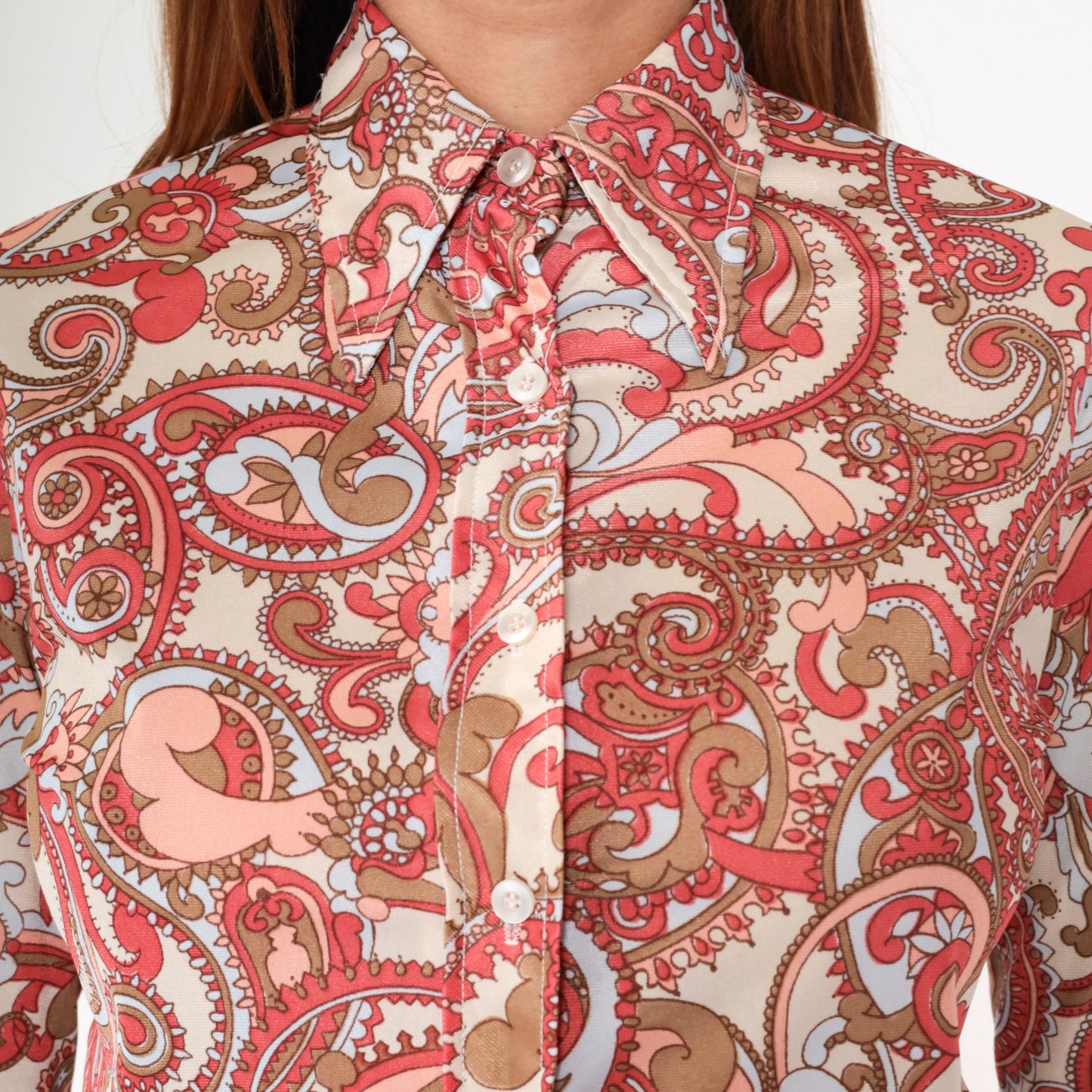 70s Paisley Dagger Collar Blouse Cream Coral Long Sleeve Button Up Small