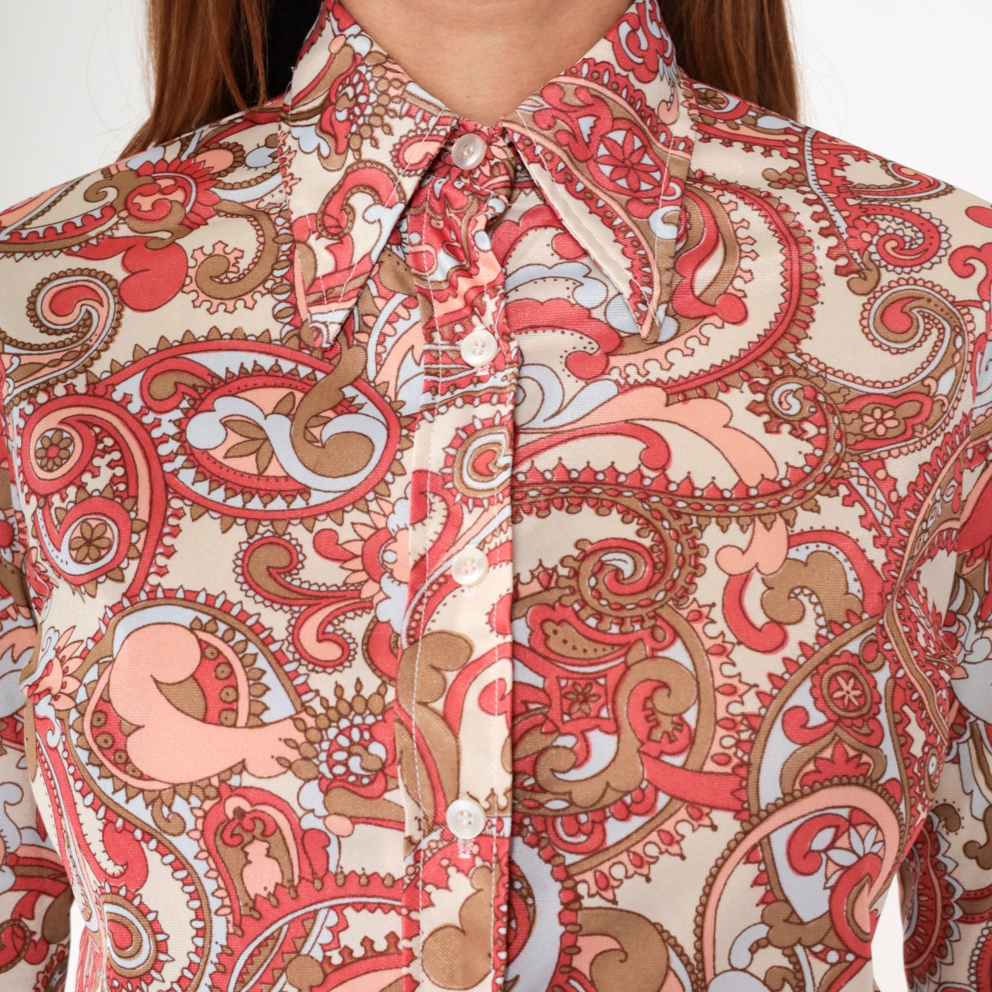 70s Paisley Dagger Collar Blouse Cream Coral Long Sleeve Button Up Small