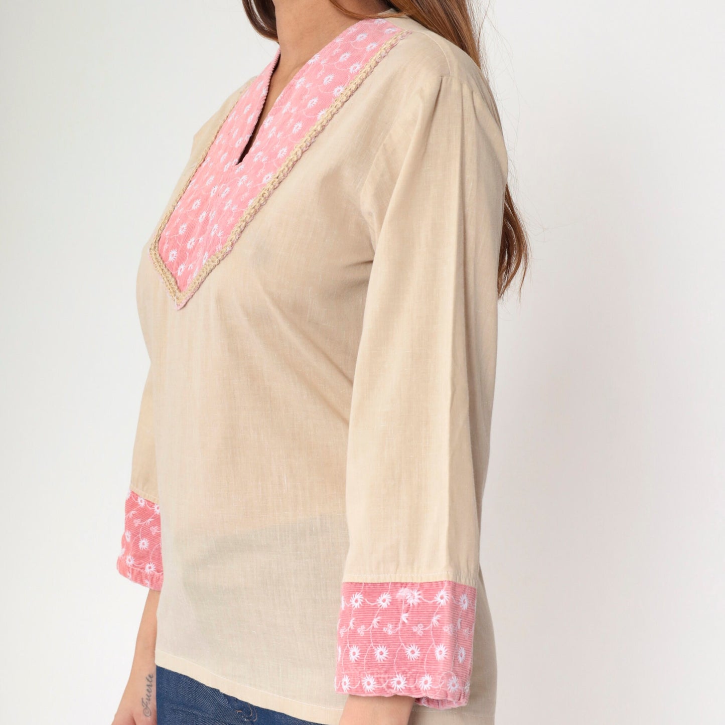 70s Kennington Embroidered Tunic Top Beige Corduroy Floral V-Neck Small