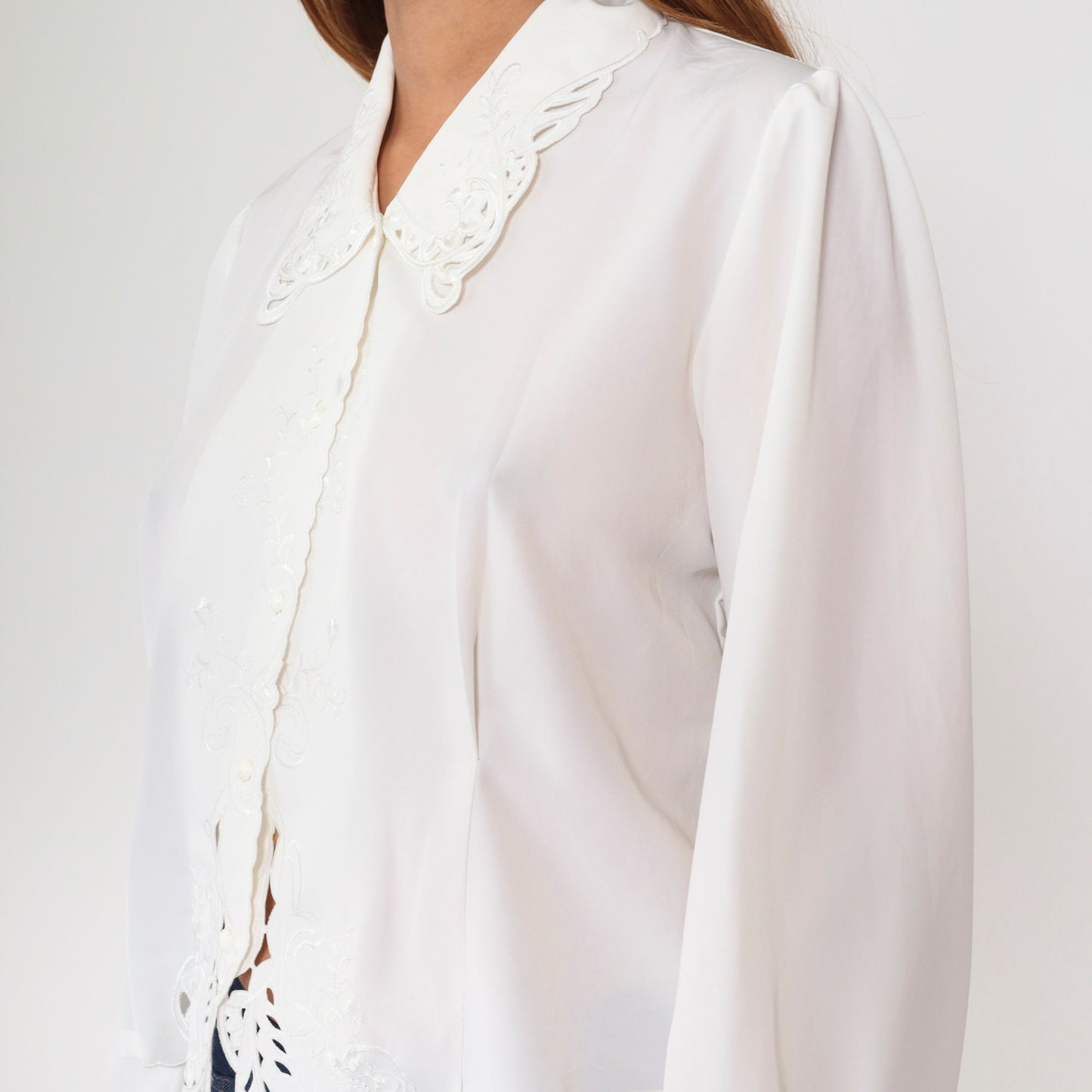 90s White Lace Blouse Paisley Floral Embroidery Cutout Puff Sleeve Button Up Medium