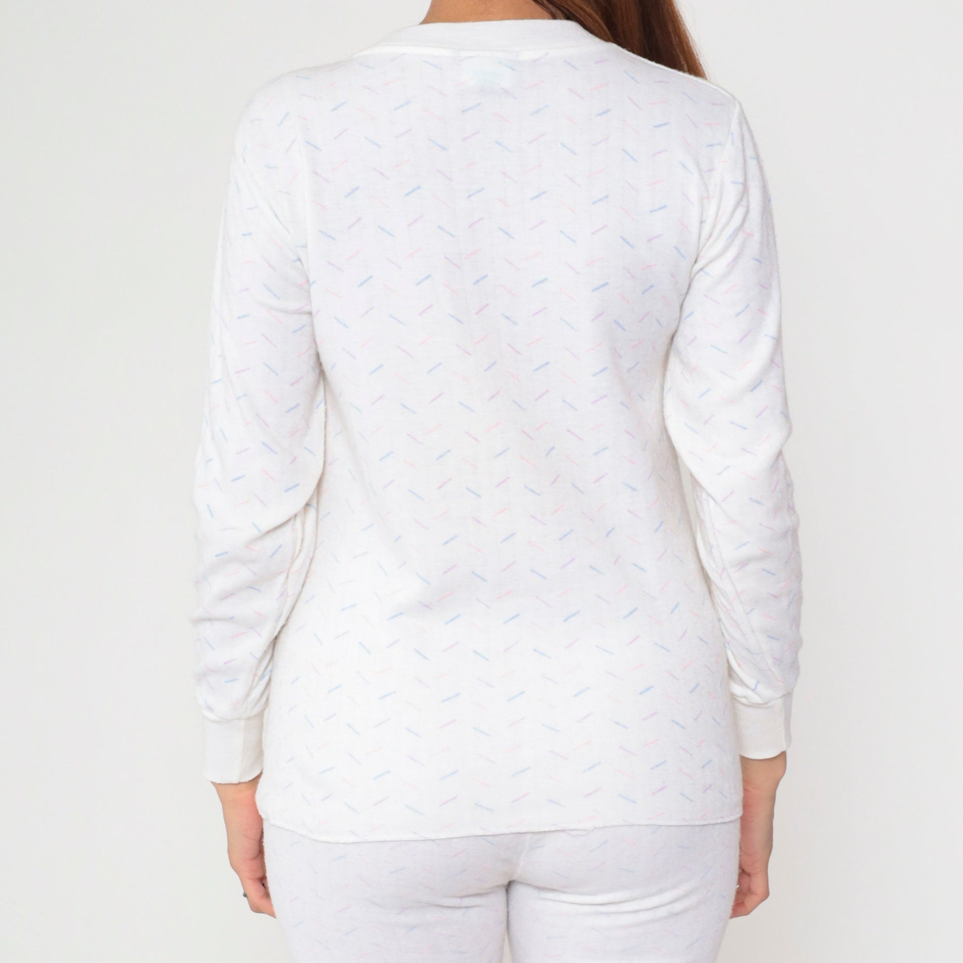 80s Thermal Pajama Set White Confetti Print Long Johns Two Piece Medium