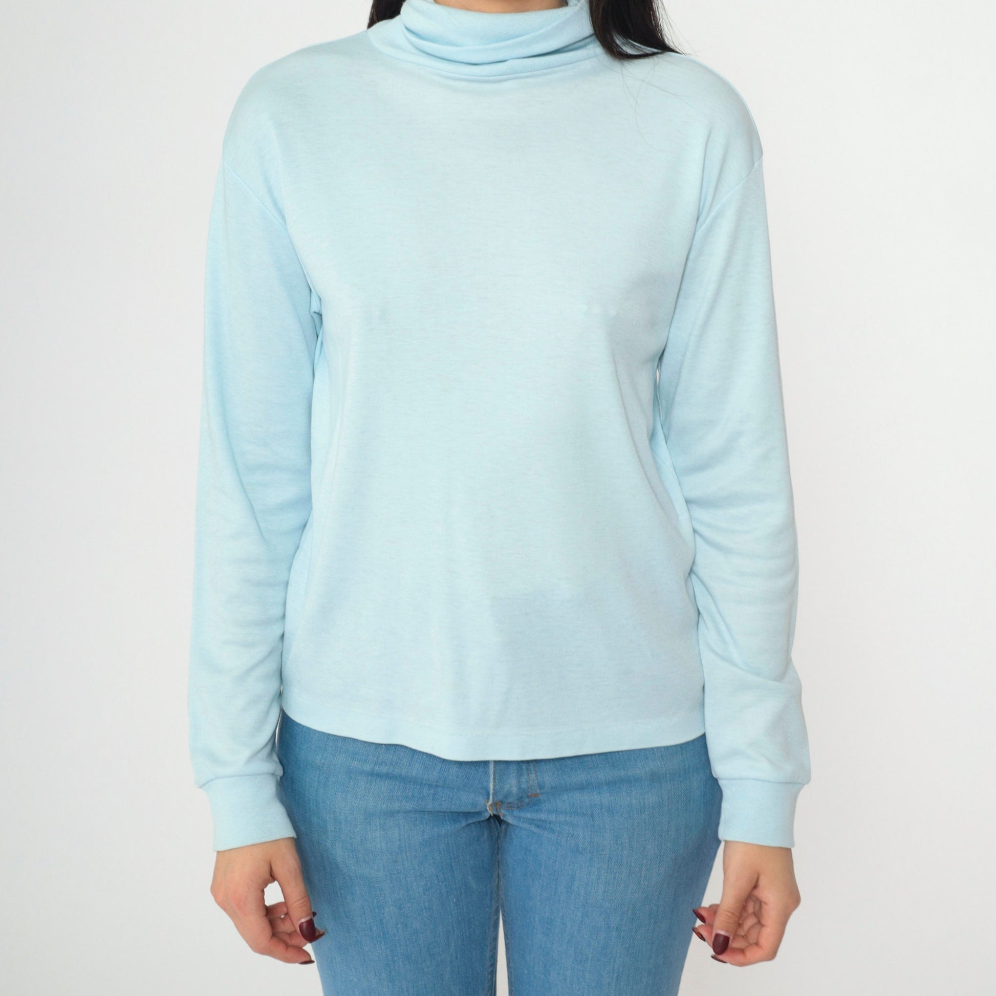 90s Baby Blue Turtleneck Long Sleeve Shirt Plain Vintage Medium