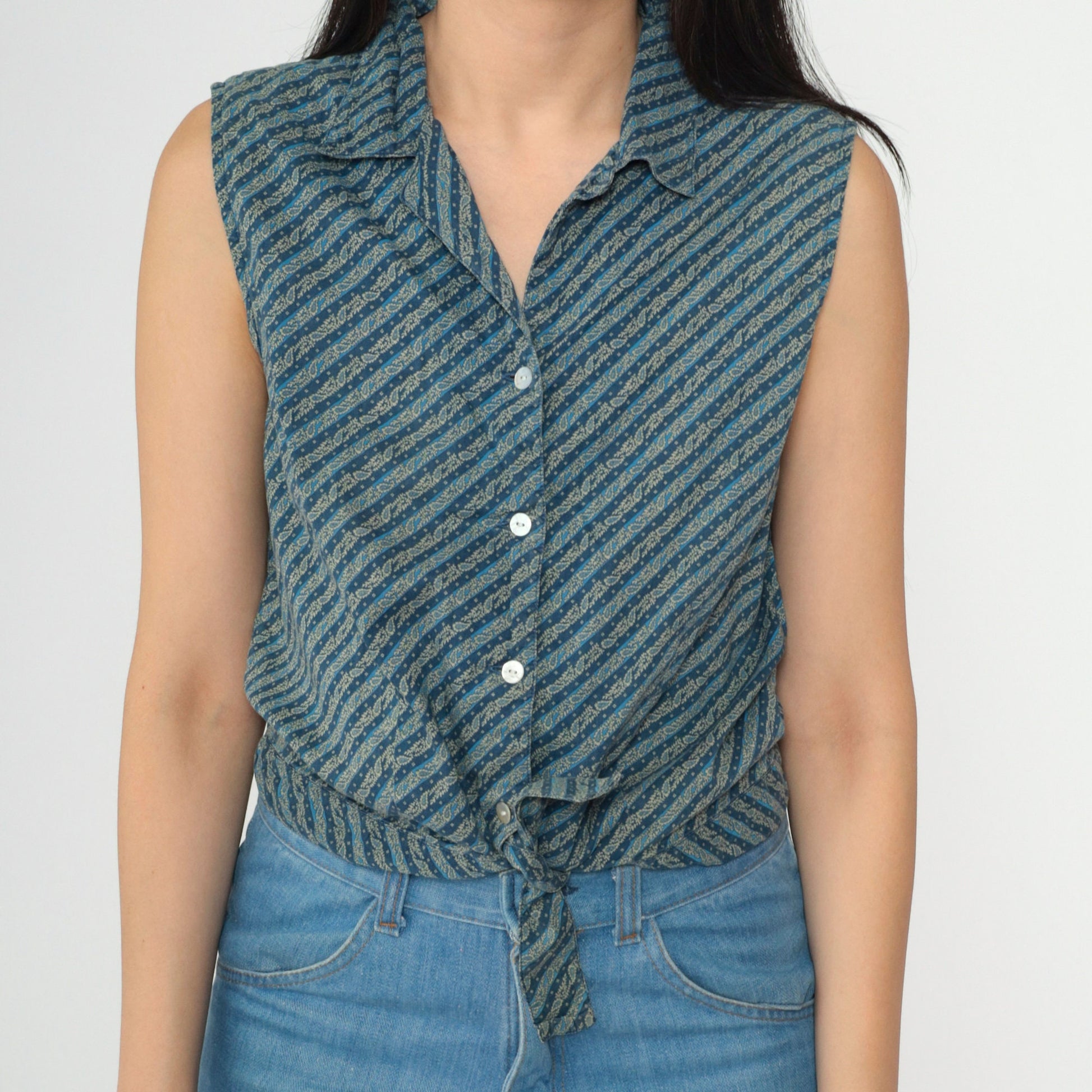Y2K Blue Paisley Striped Tie-Waist Sleeveless Collared Shirt Cotton Medium