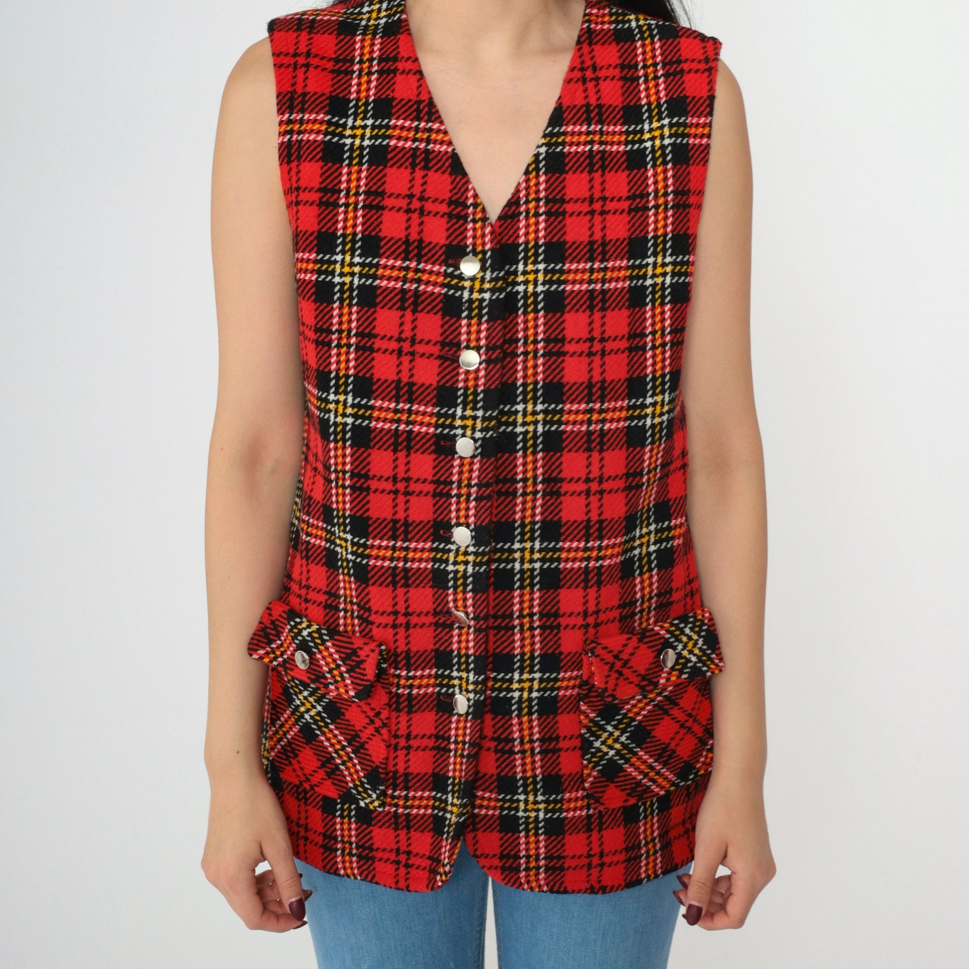 1960s Red Black Plaid Button Vest V-Neck Sleeveless Tartan Small