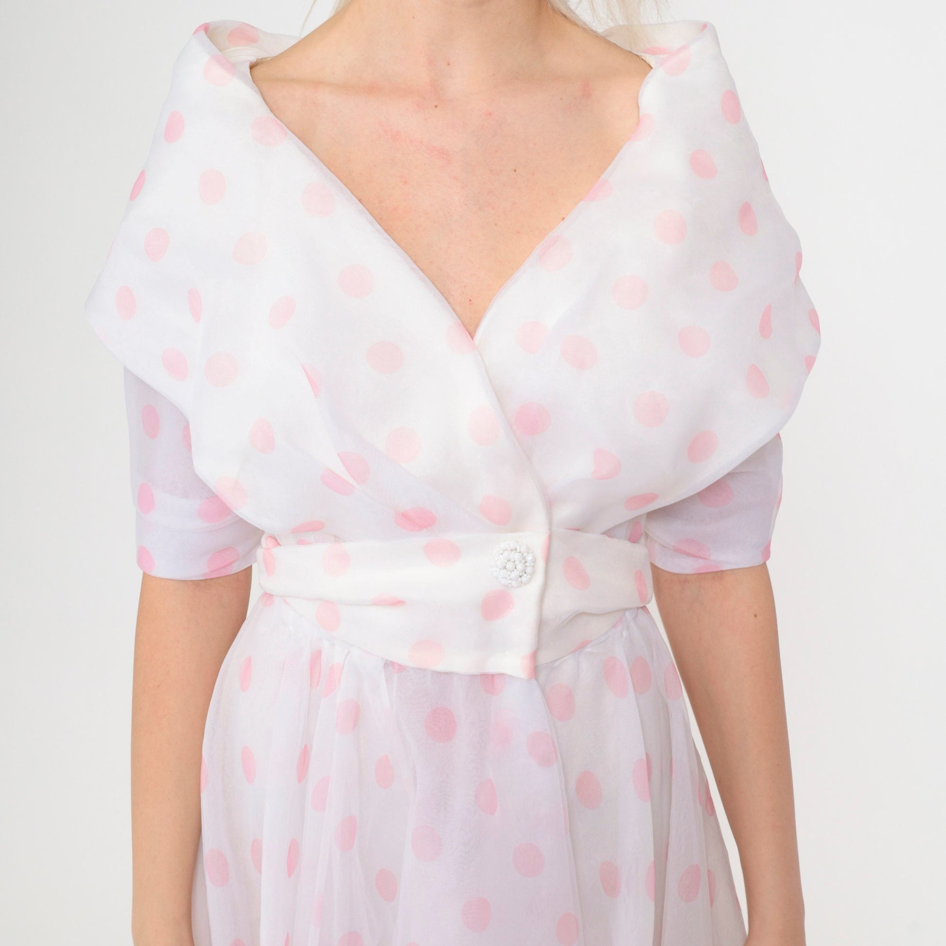 90s White Polka Dot Chiffon Maxi Dress Portrait Collar Pink Small 4