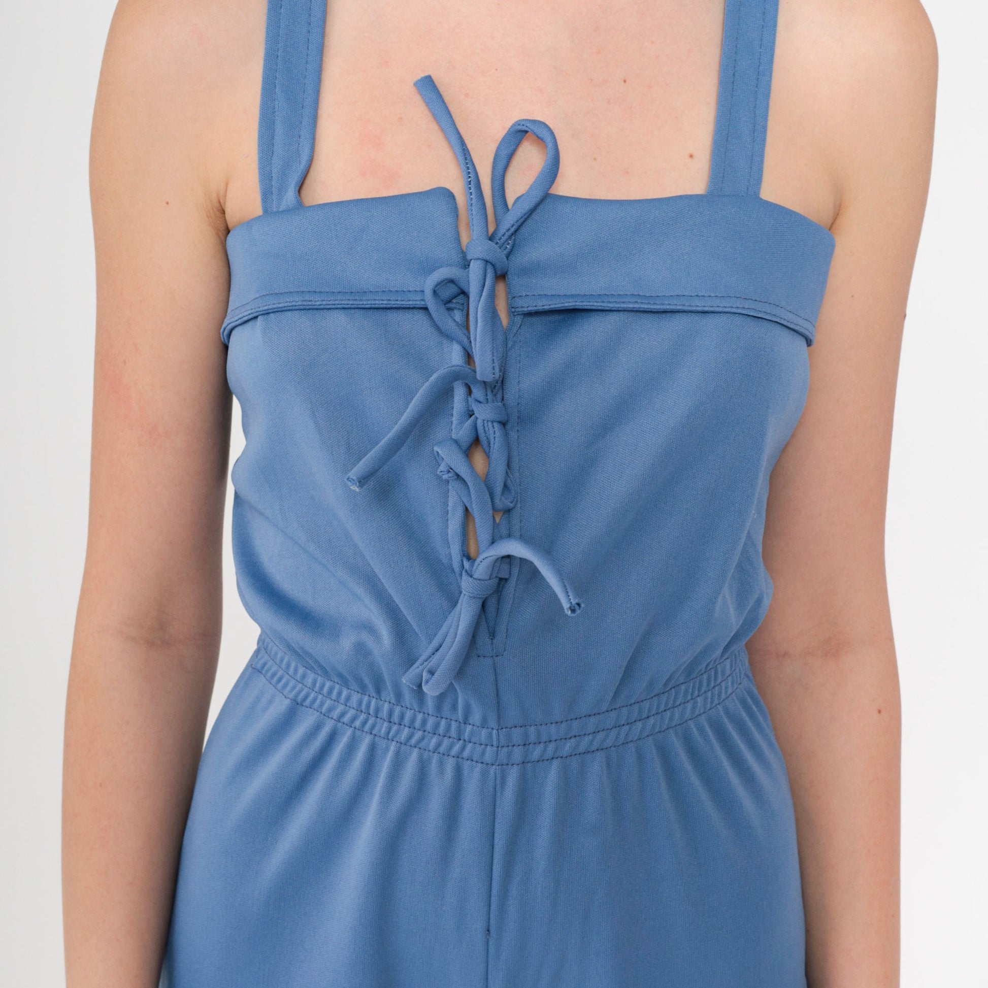 70s Blue Lace-Up Jumpsuit Bell Bottom Tank Straps Criss-Cross Extra Small