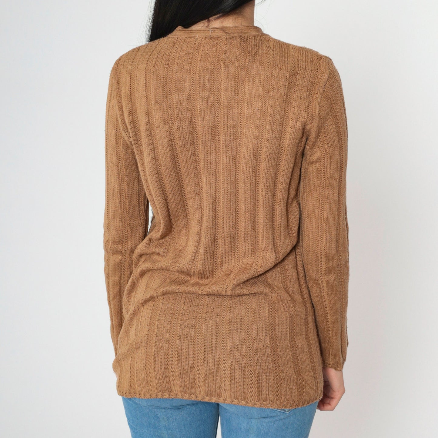 90s Brown Ribbed Cardigan Button-Up Knit Sweater V-Neck Small S