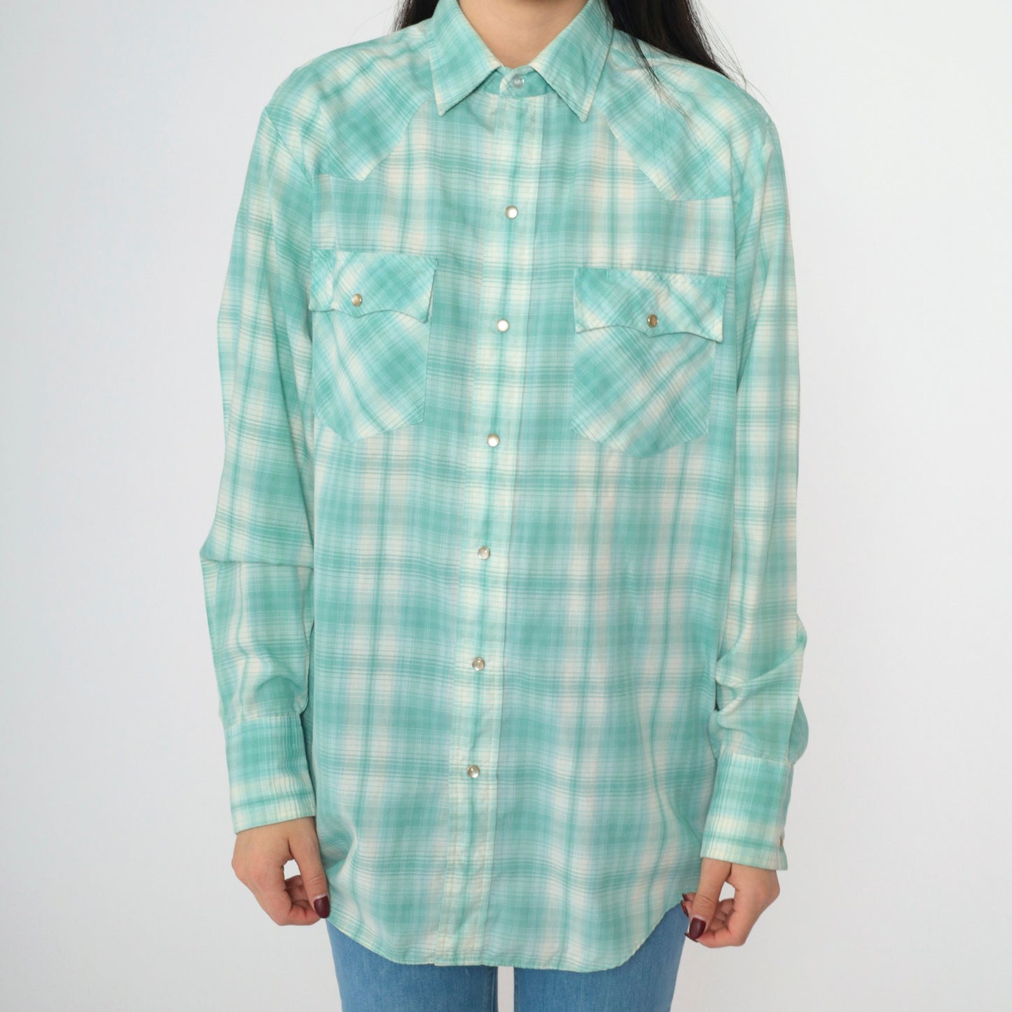 90s Mervyn's Western Shirt Seafoam Plaid Pearl Snap Men's Medium